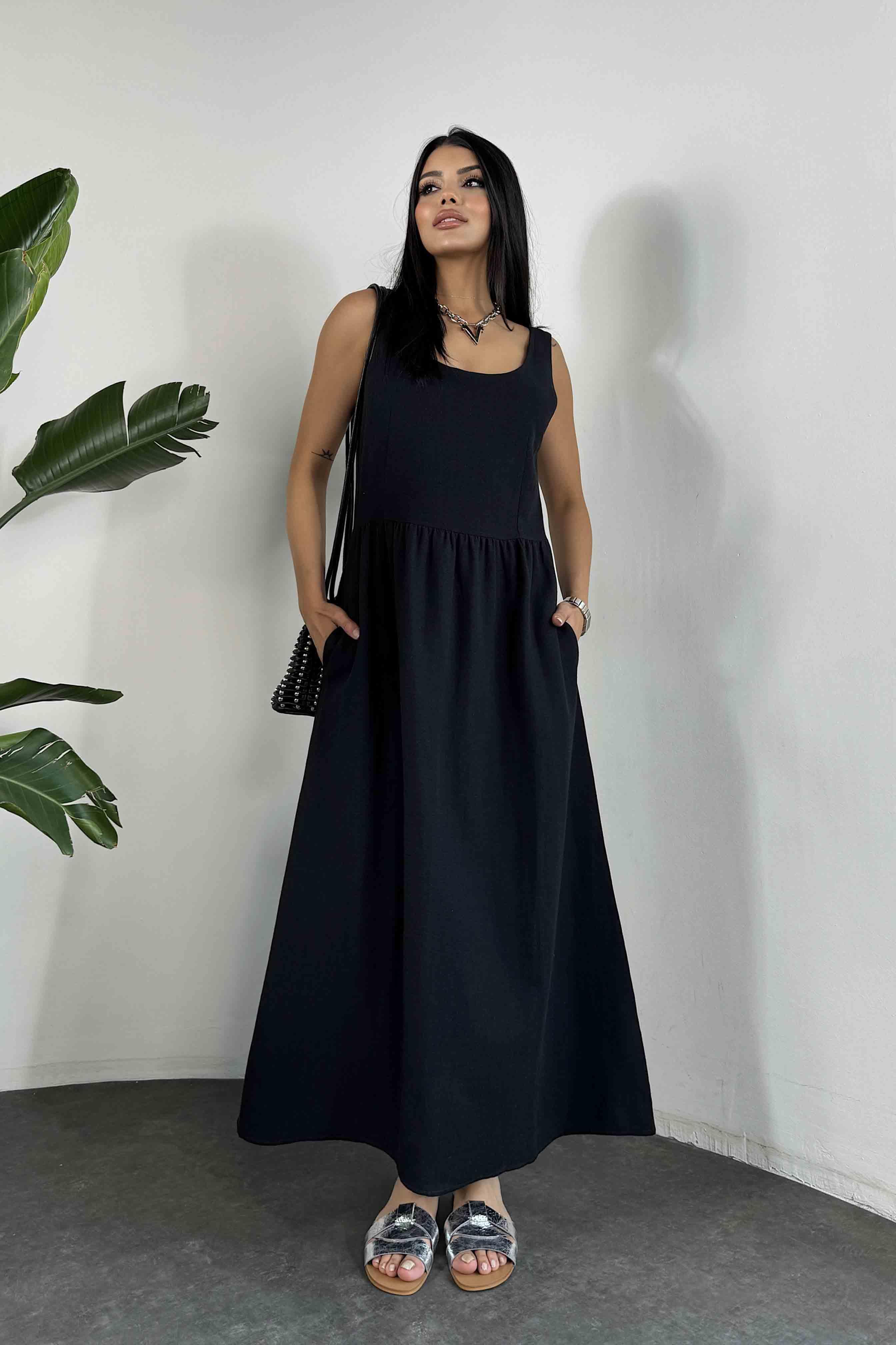 Premium Seri Keten Dokulu Midi Elbise Siyah