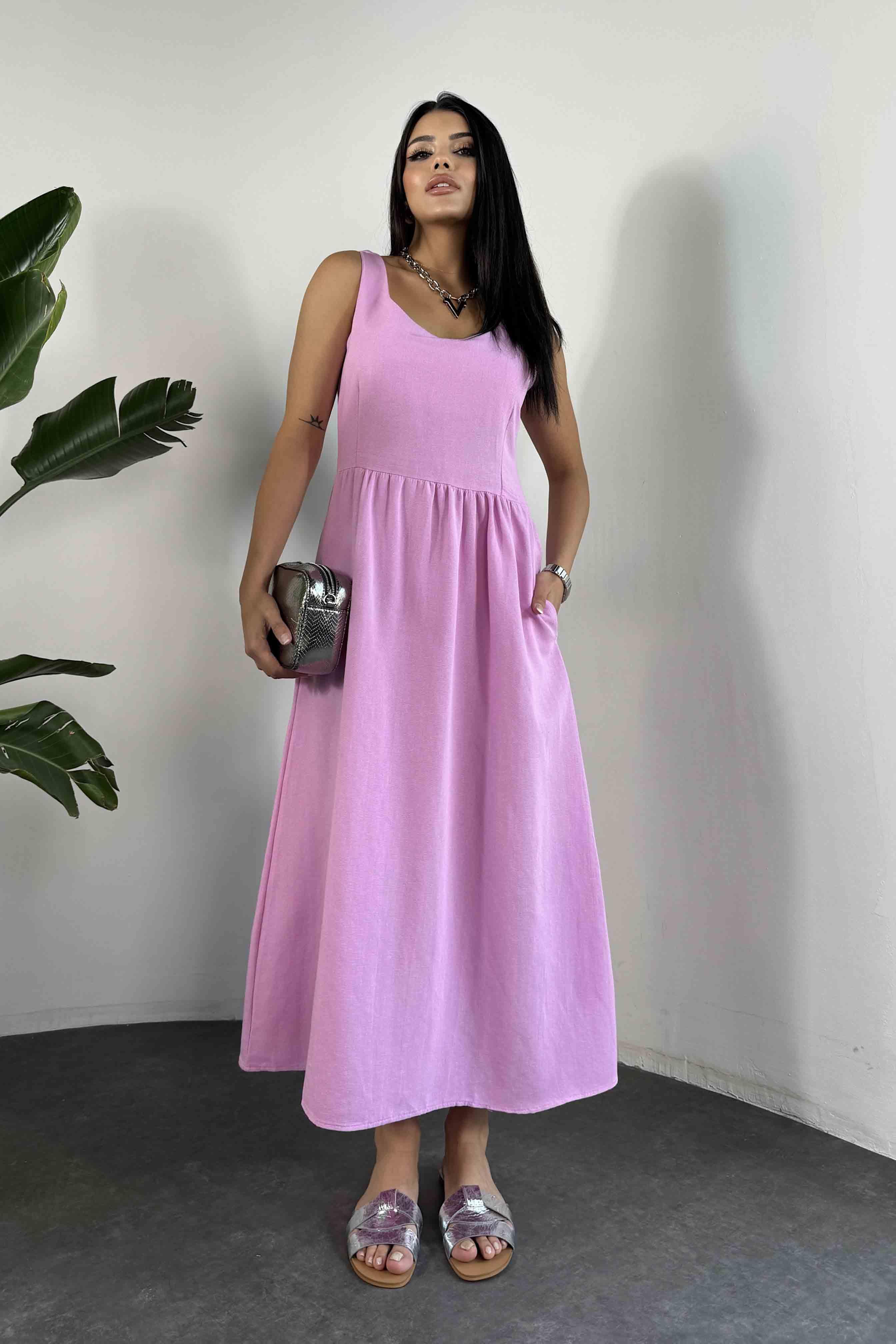 Premium Seri Keten Dokulu Midi Elbise Pembe