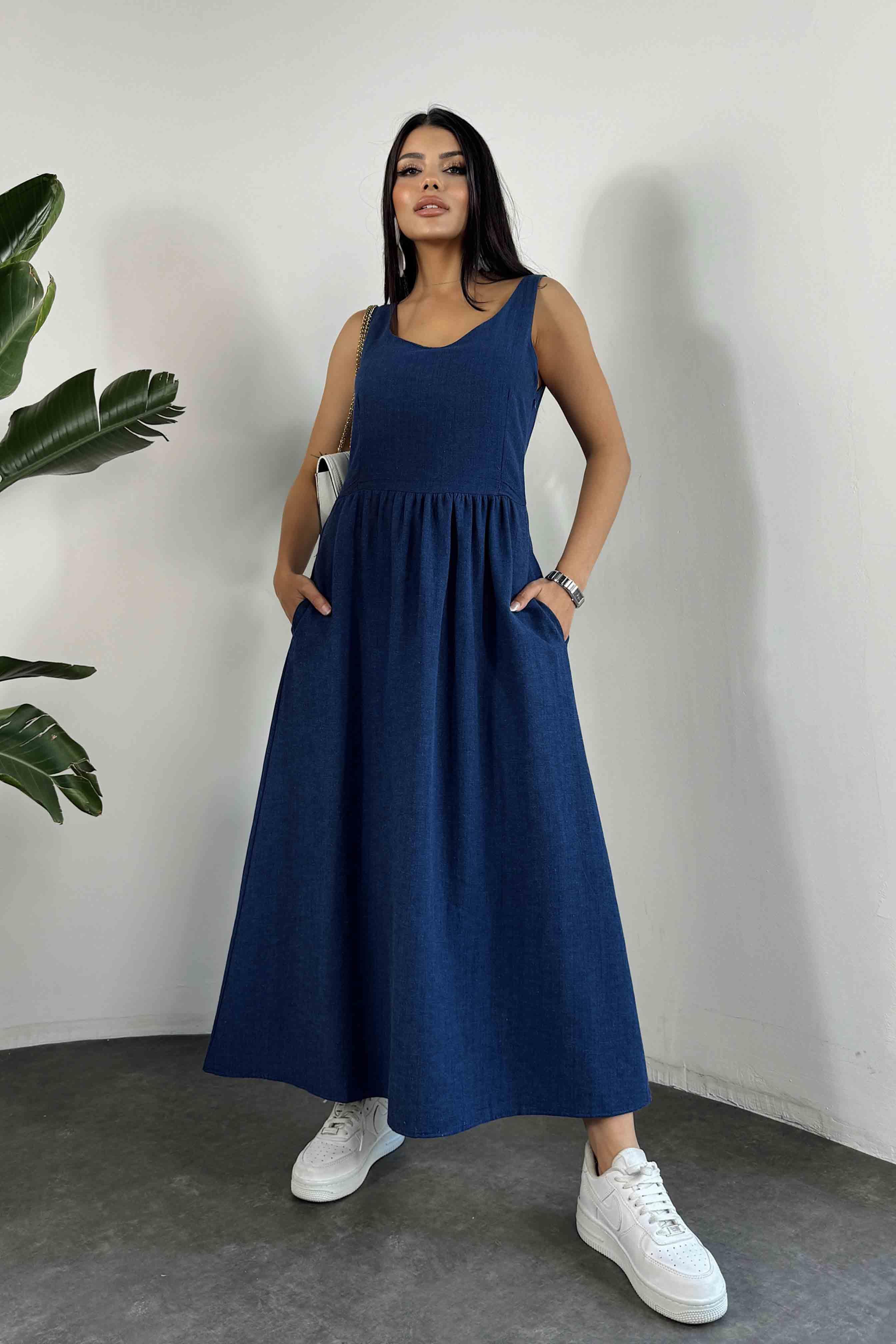 Premium Seri Keten Dokulu Midi Elbise Lacivert