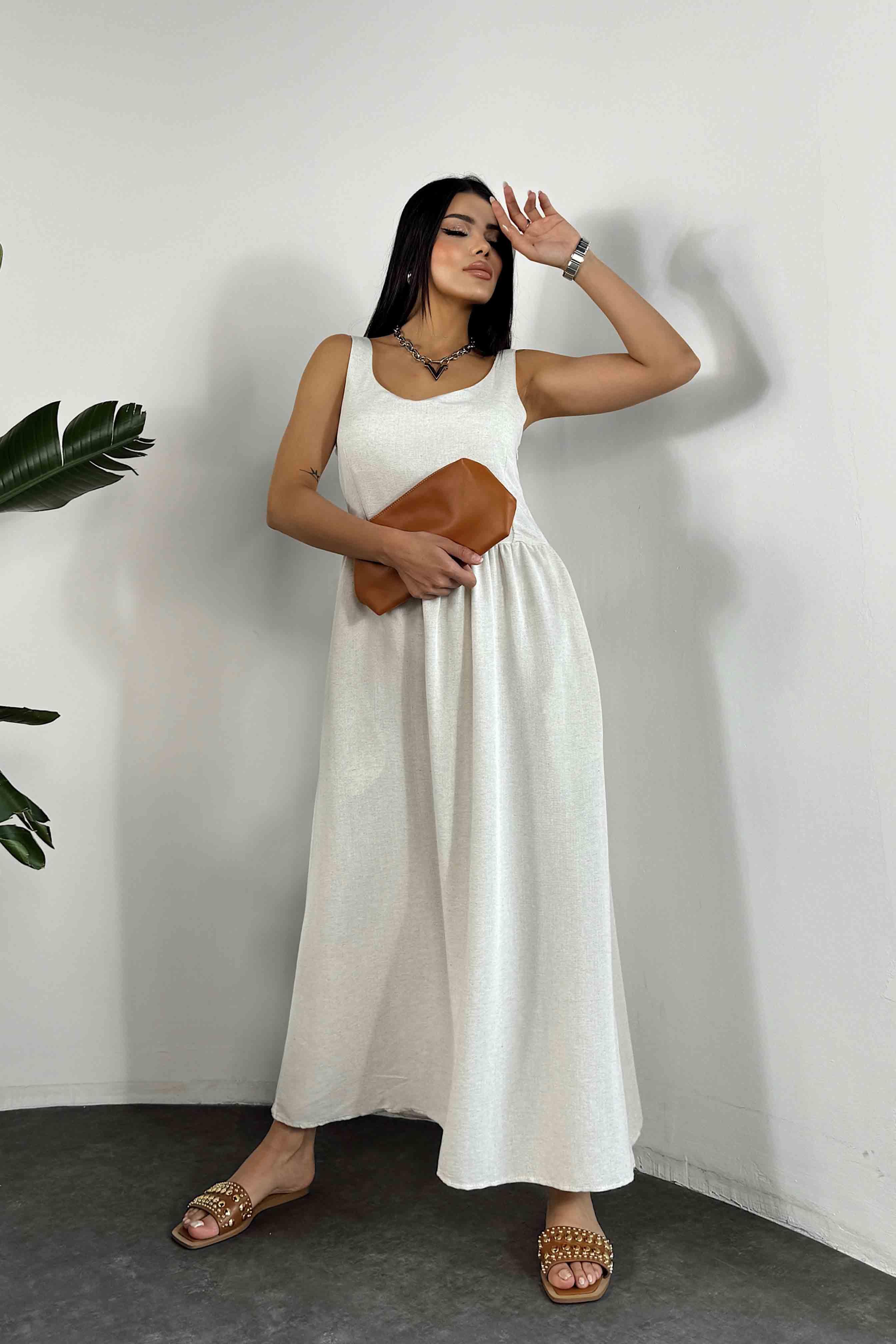 Premium Seri Keten Dokulu Midi Elbise Taş