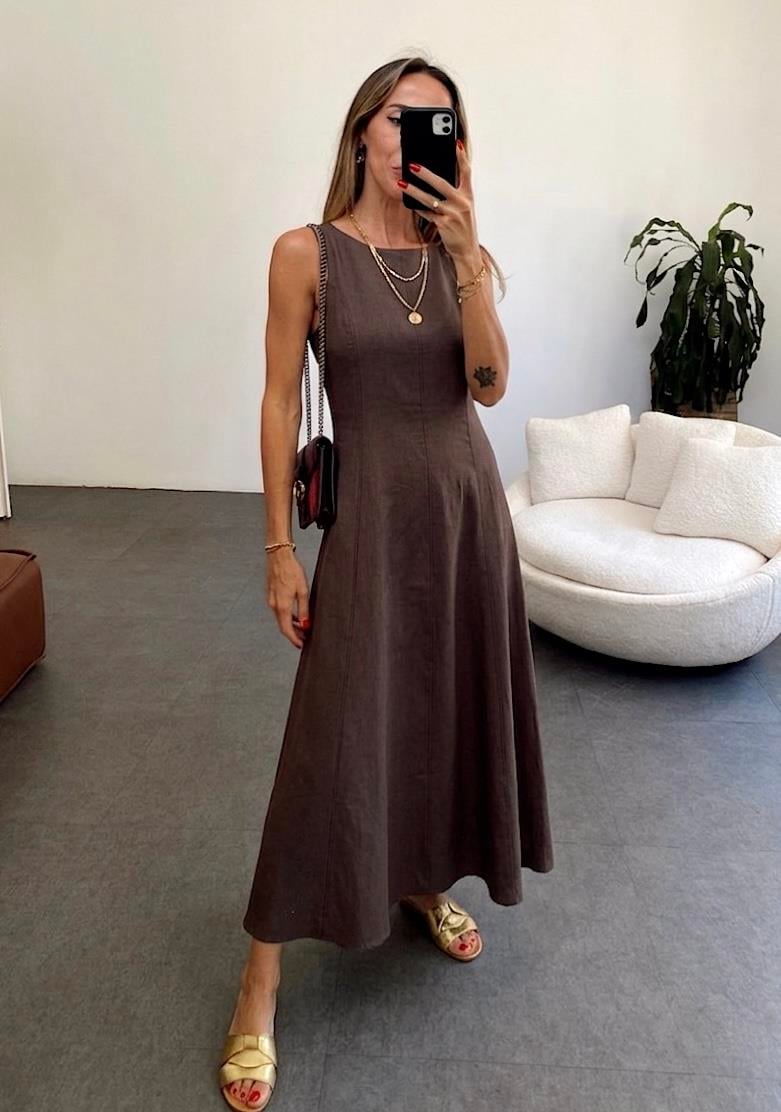 Premium Seri Maxi Keten Elbise Kahverengi