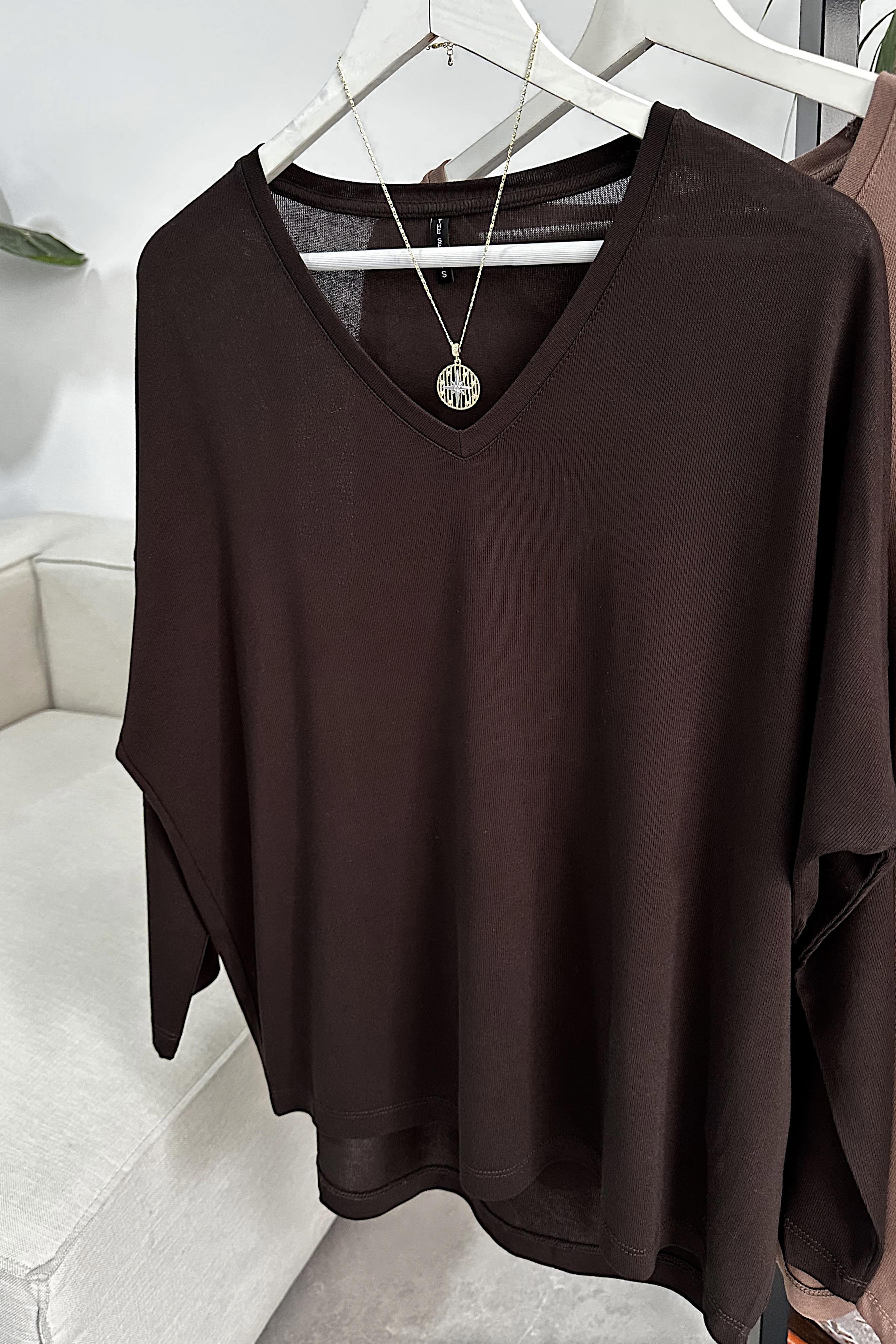 Premium Seri V Yaka Basic Bluz Acı Kahve