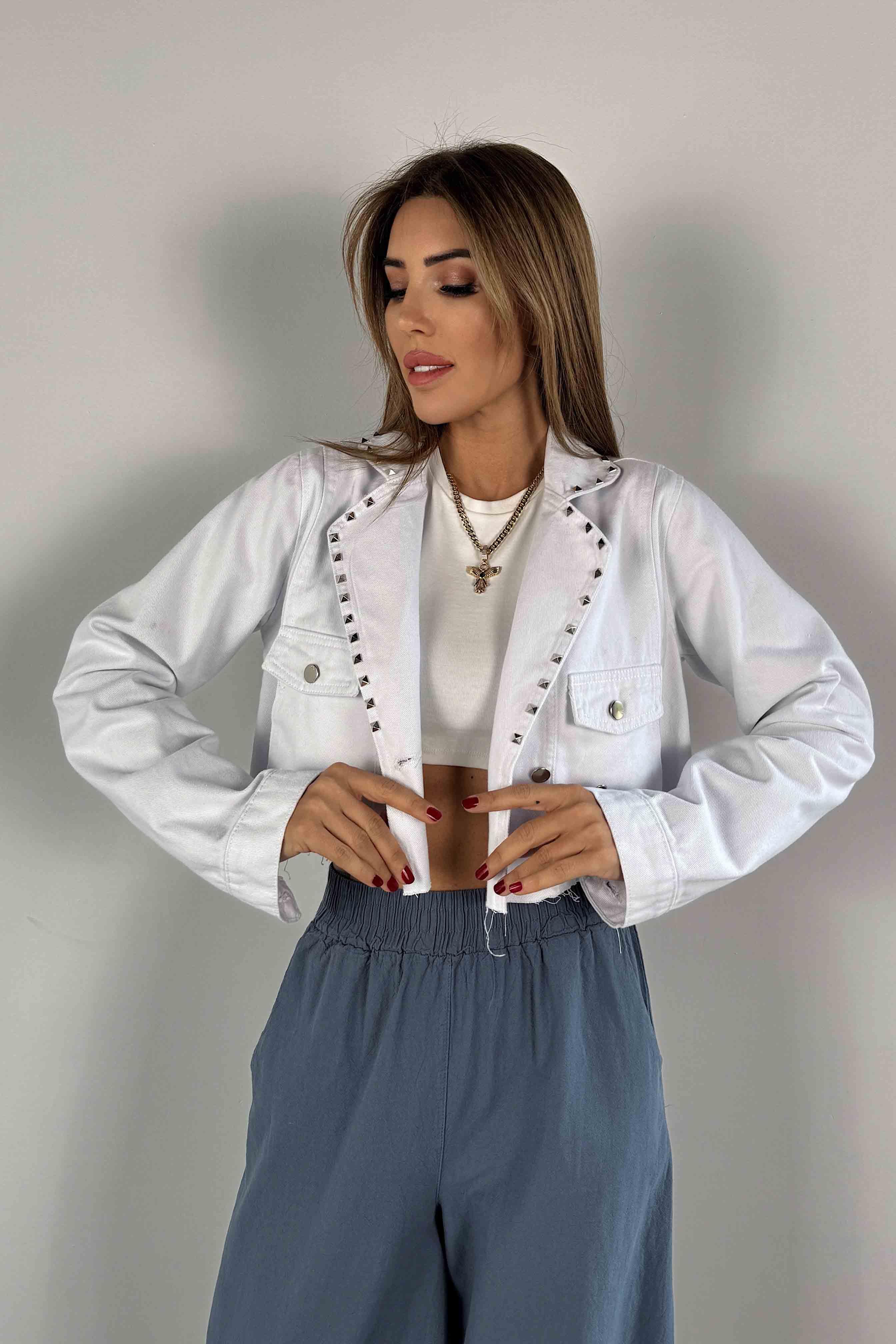 Premium Zımbalı Tasarım Denim Beyaz