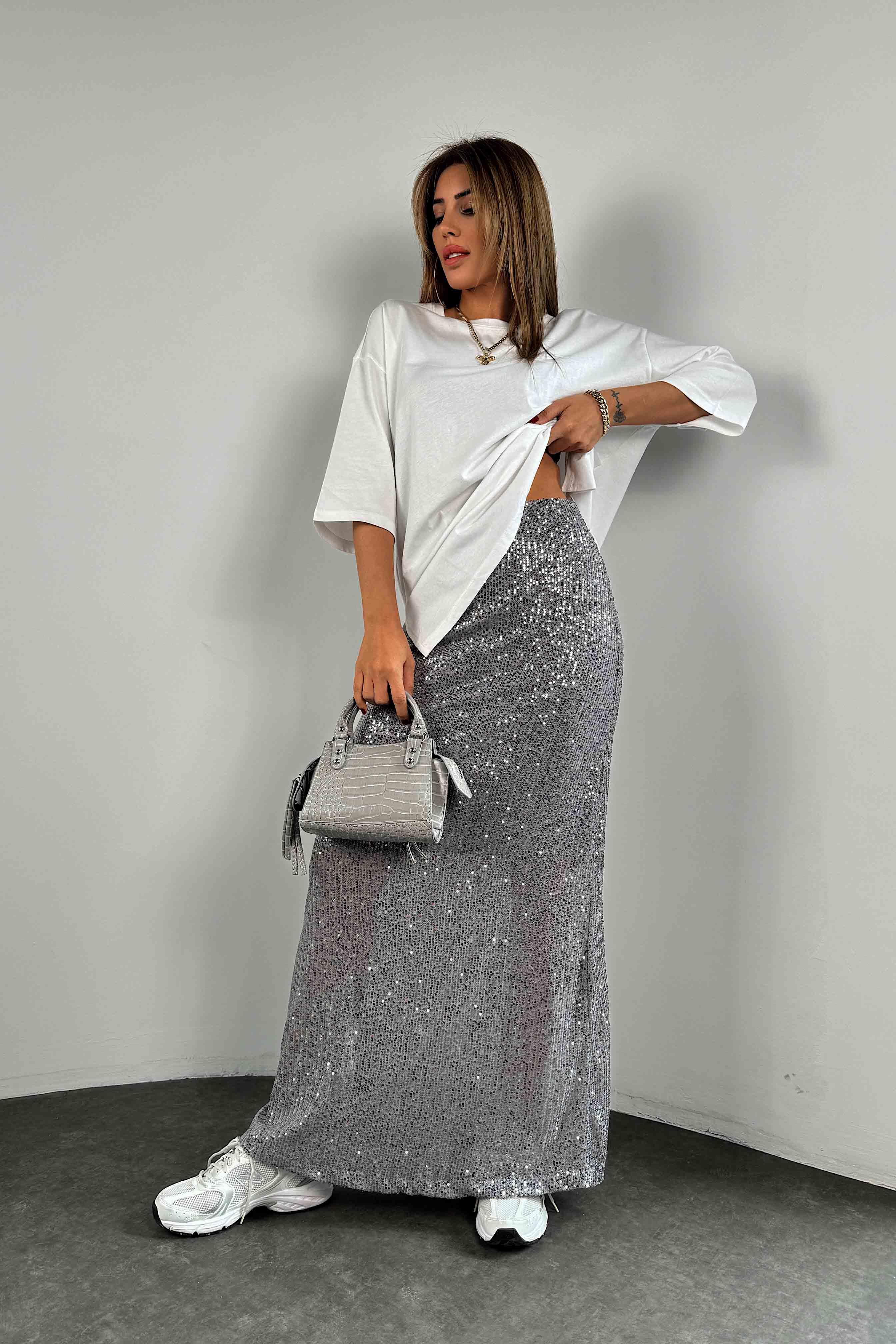 Pul Payetli Tasarım Astarlı Maxi Etek Gri