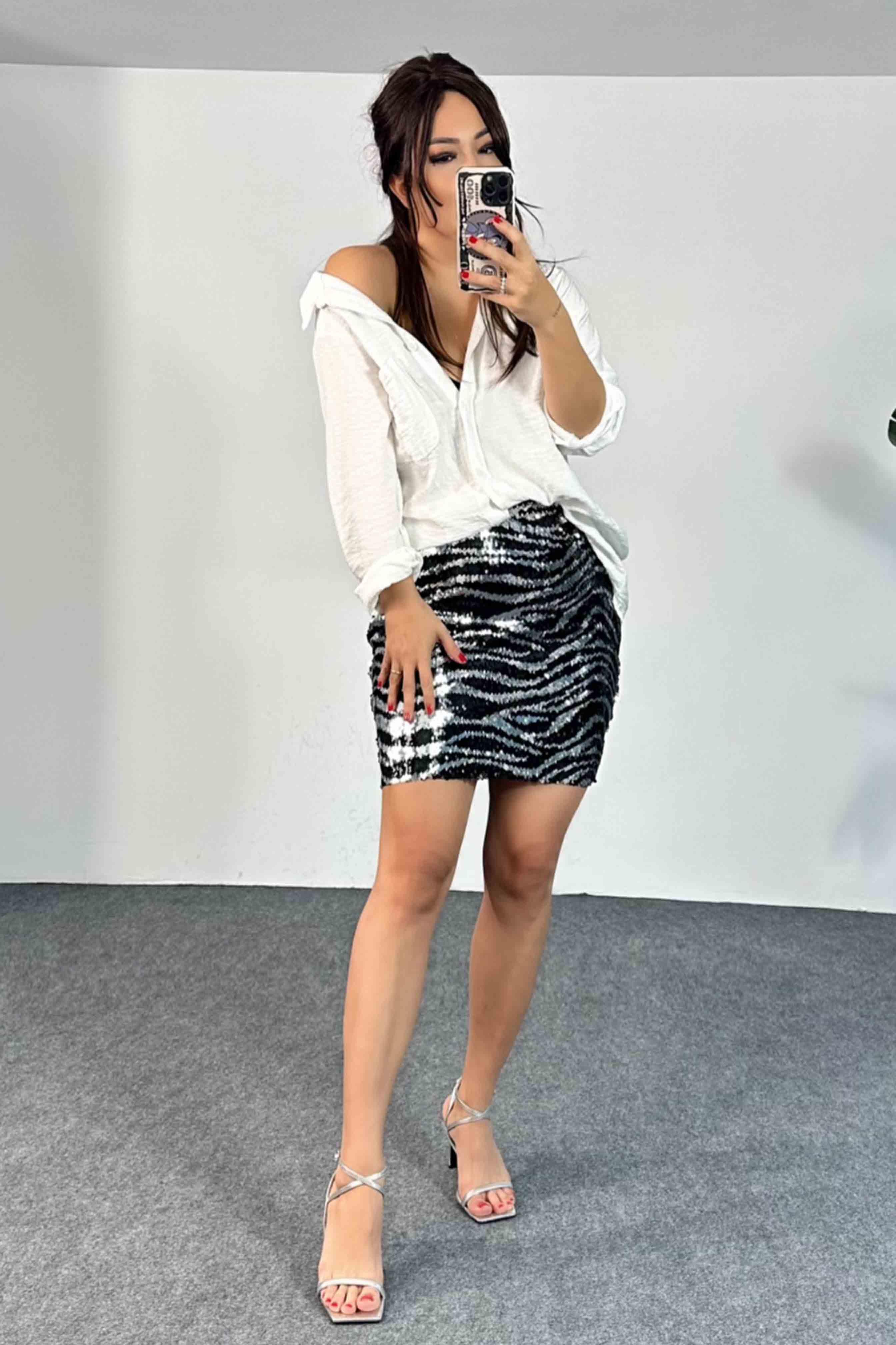 Pul Payetli Zebra Desen Astarlı Mini Etek Gümüş