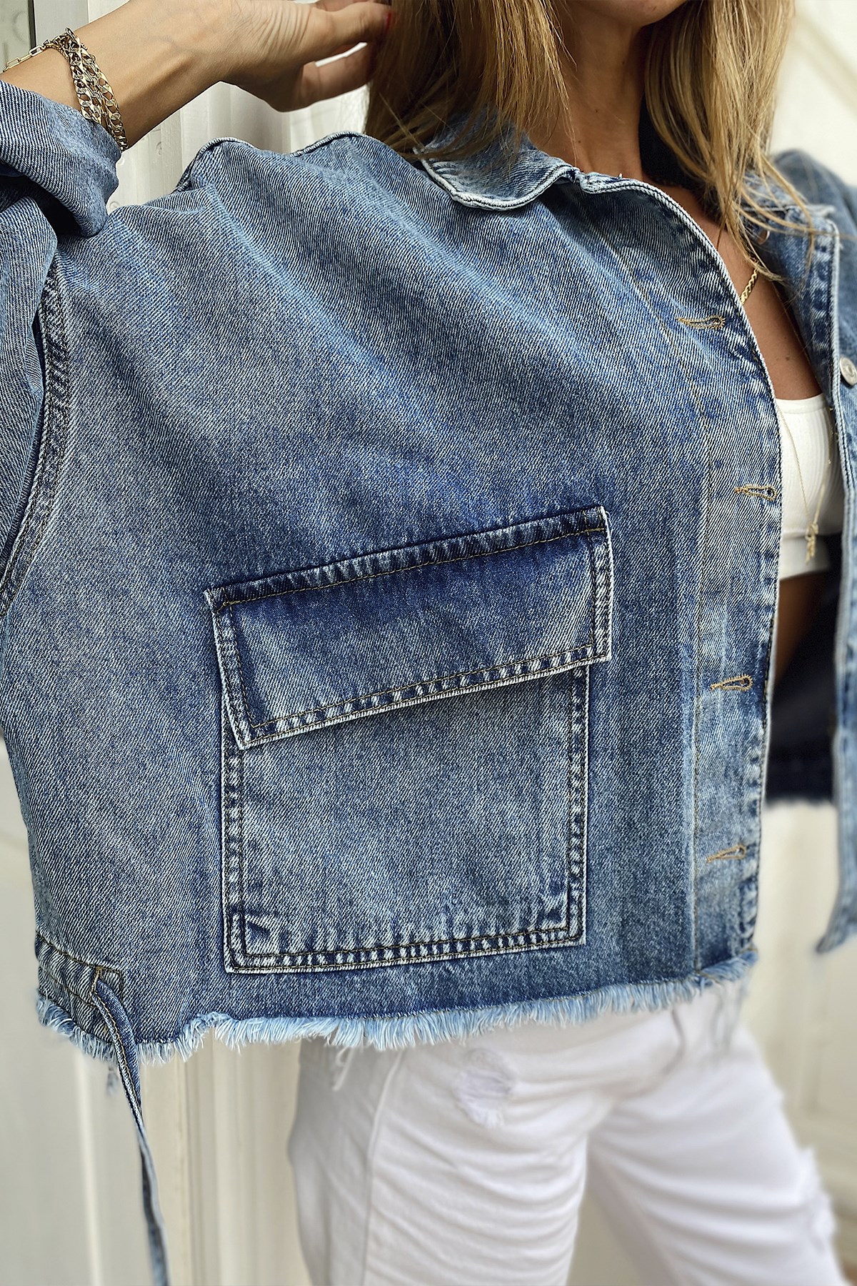 Püsküllü Tasarım Crop Jean Ceket Mavi · 13