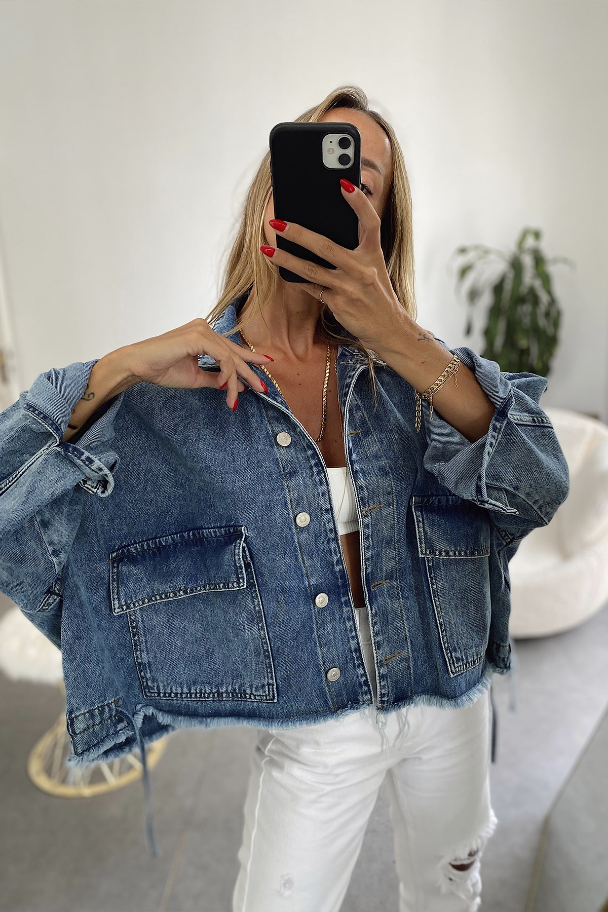 Püsküllü Tasarım Crop Jean Ceket Mavi · 4