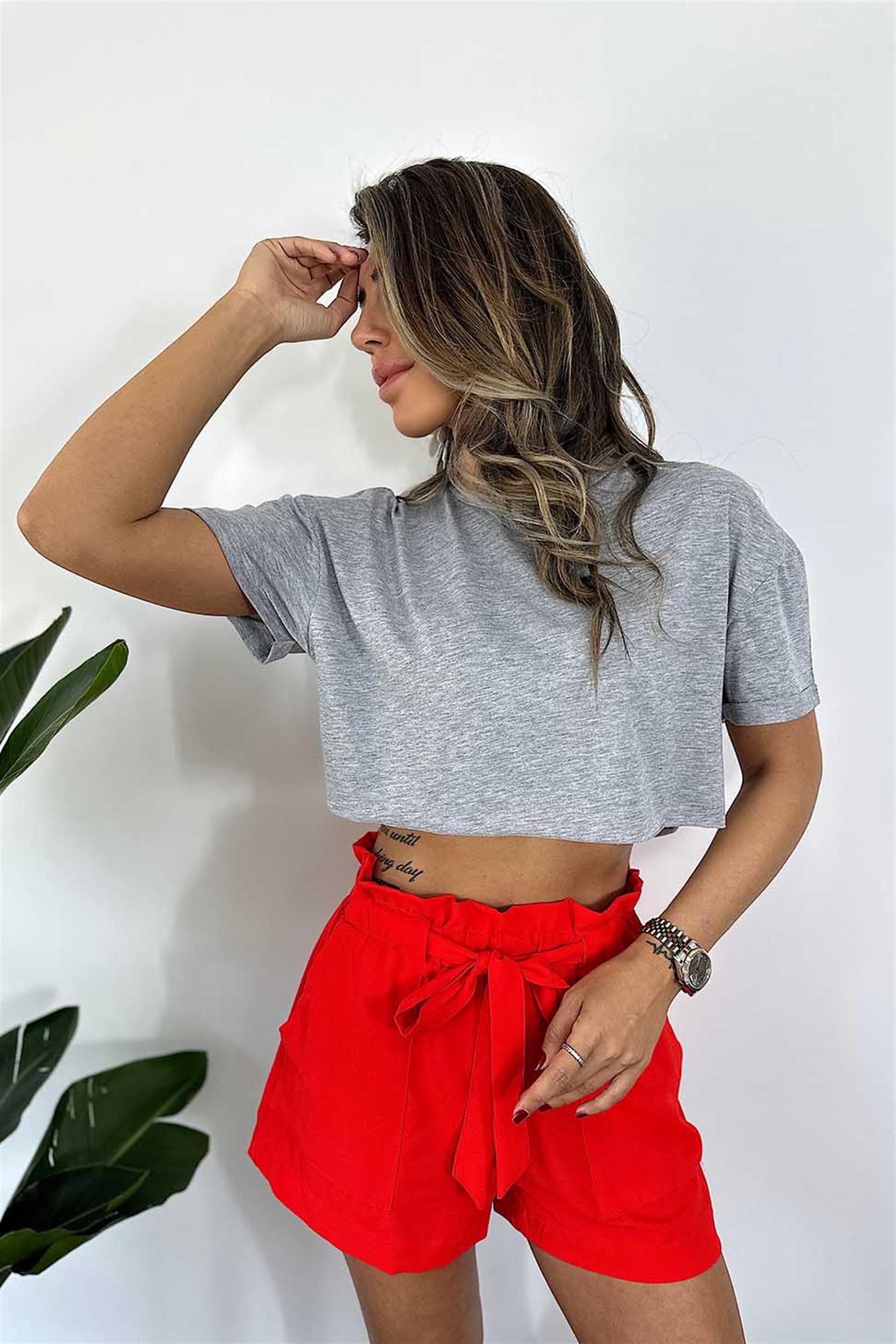 Pamuklu Lazer Kesim Crop Tişört Gri · 3