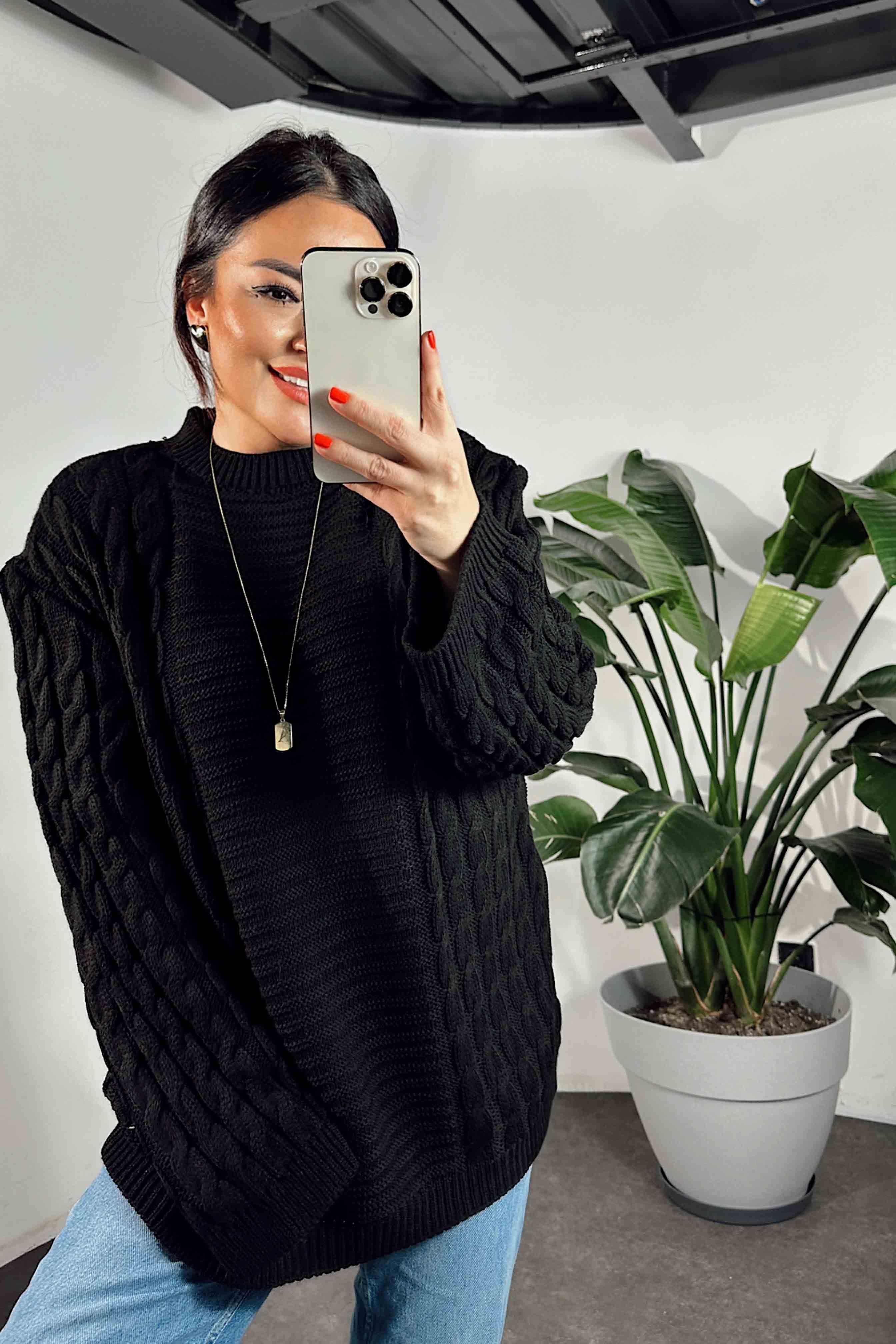 Saç Örgülü Geniş Kol Örme Triko Kazak Siyah