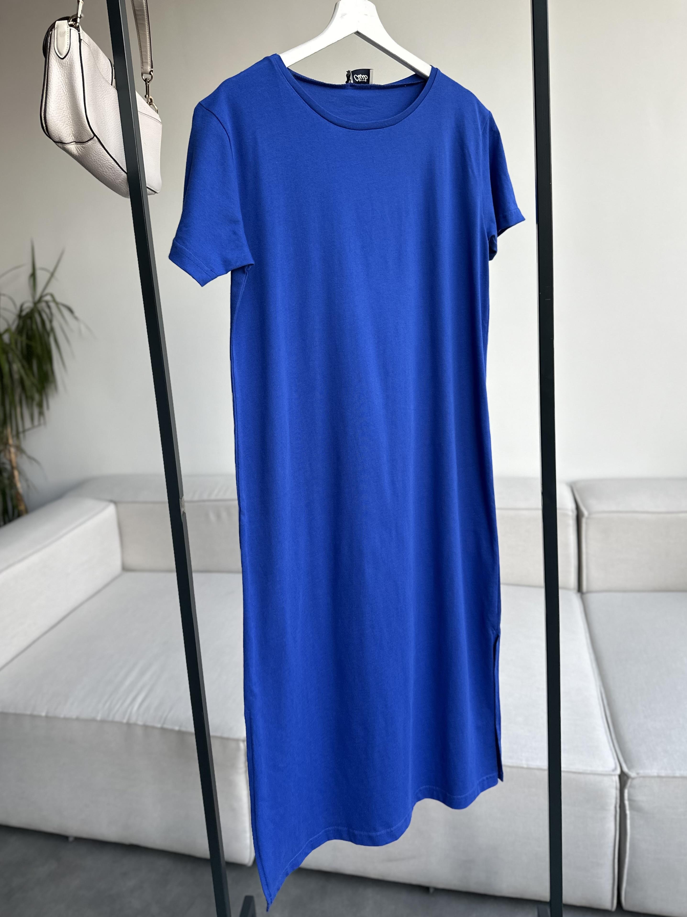 Saks Mavi Çift Yırtmaçlı Pamuk Penye Elbise