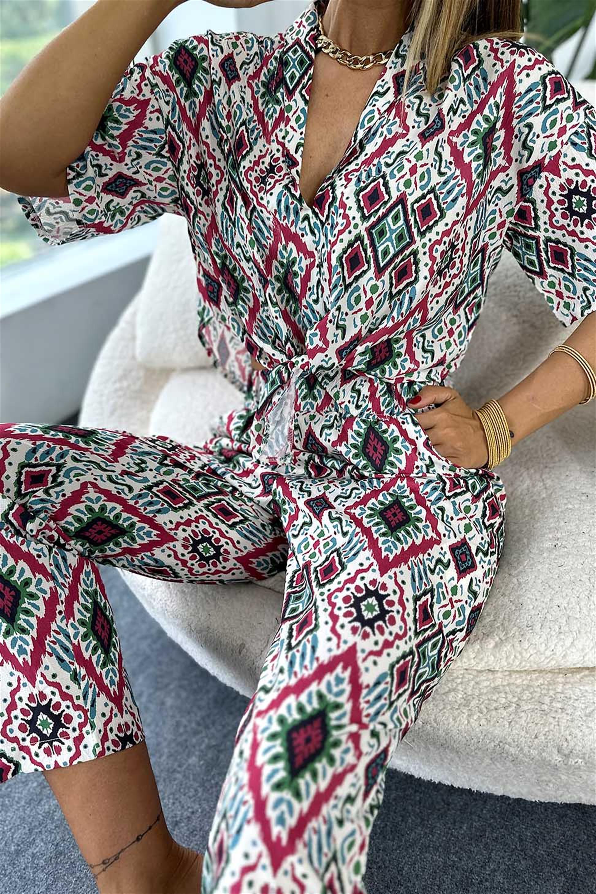 Şal Yaka Beli Bağlamalı Renkli Kimono Takım Yeşil · 6