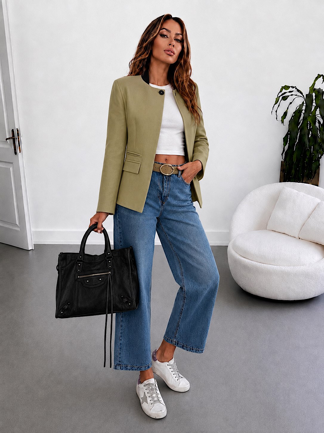 Saten Astarlı Dik Yaka Tek Düğme Tasarım Blazer Ceket Yağ Yeşili