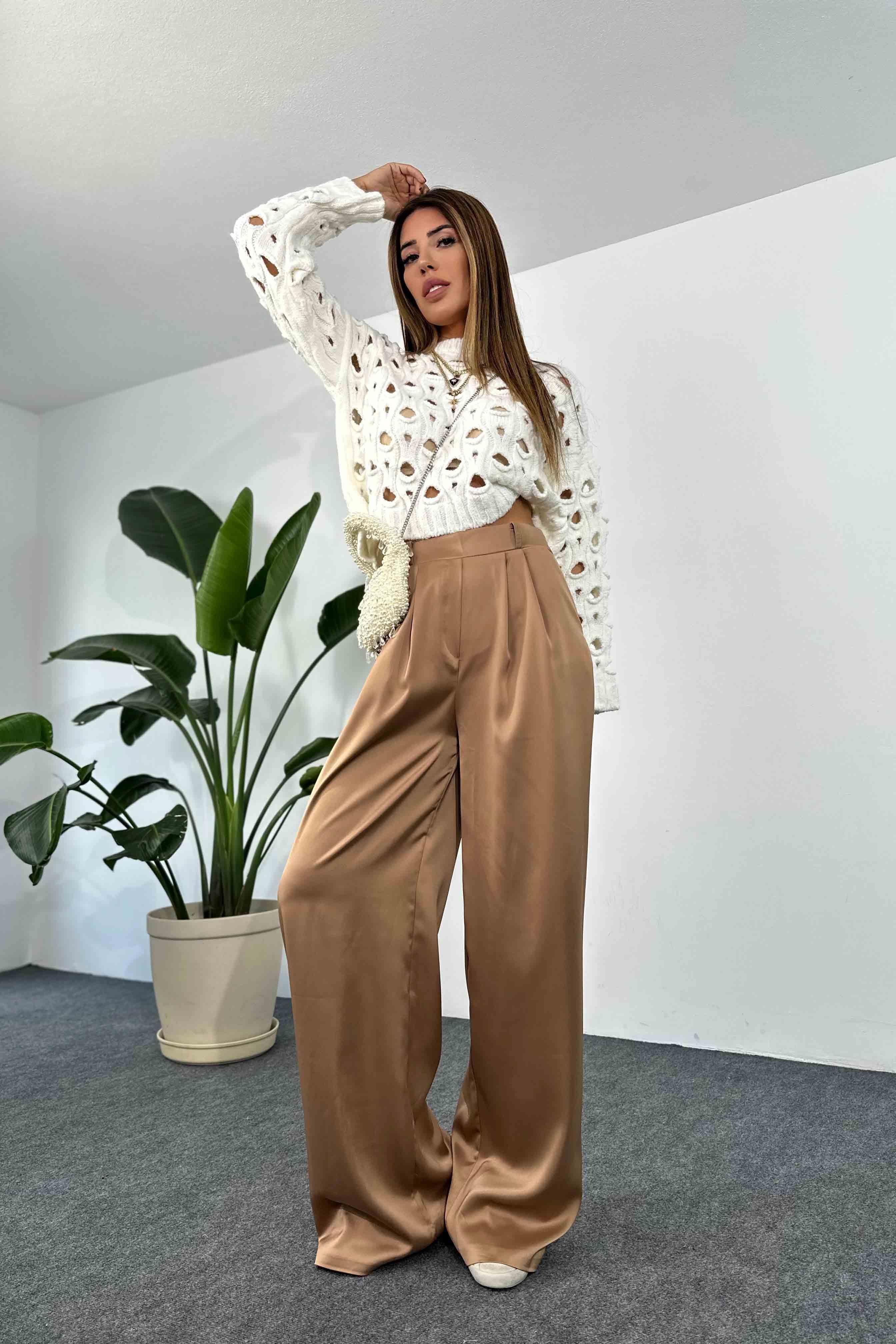Saten Kumaş Beli Lastikli Palazzo Pantolon Camel