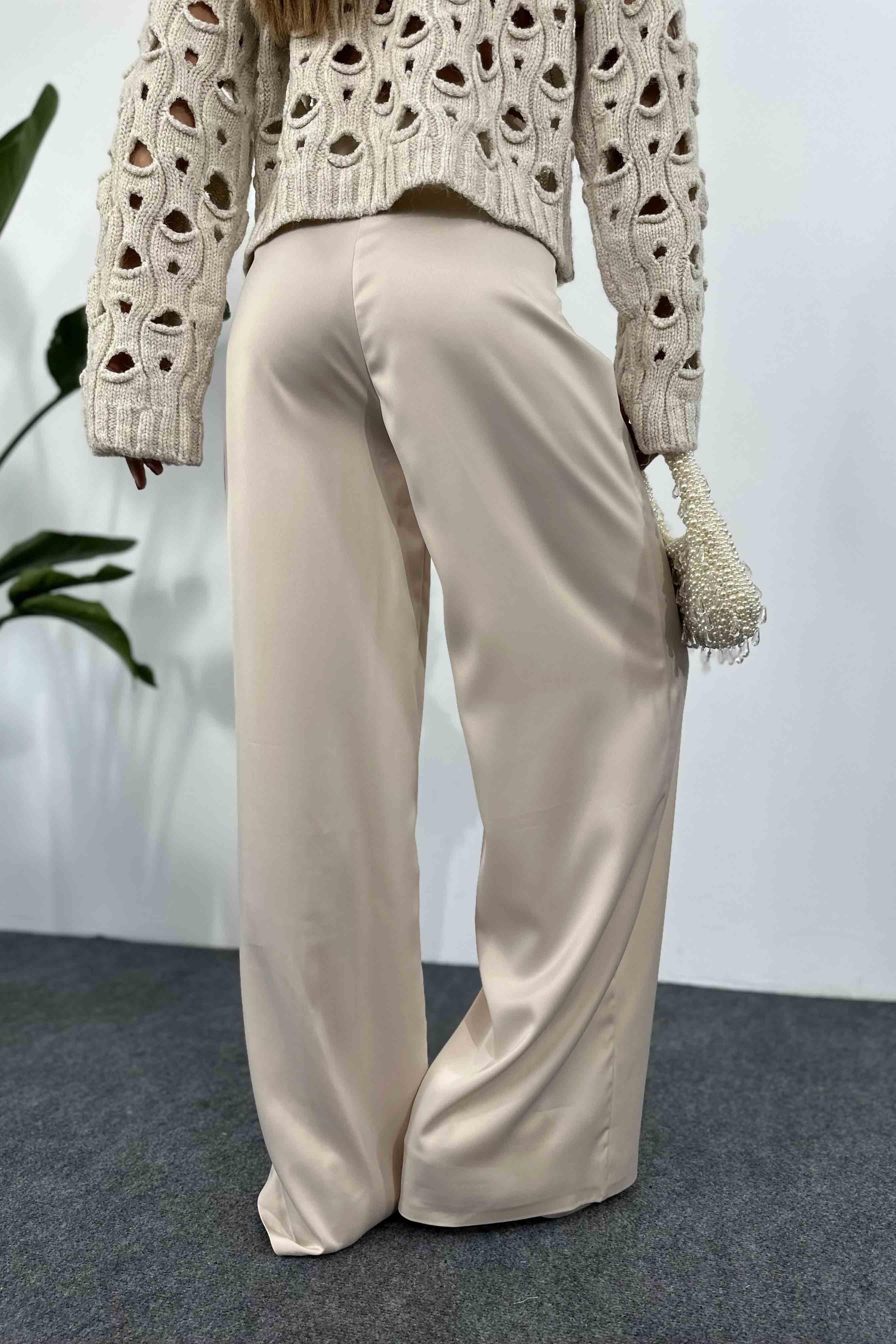 Saten Kumaş Beli Lastikli Palazzo Pantolon Bej · 3