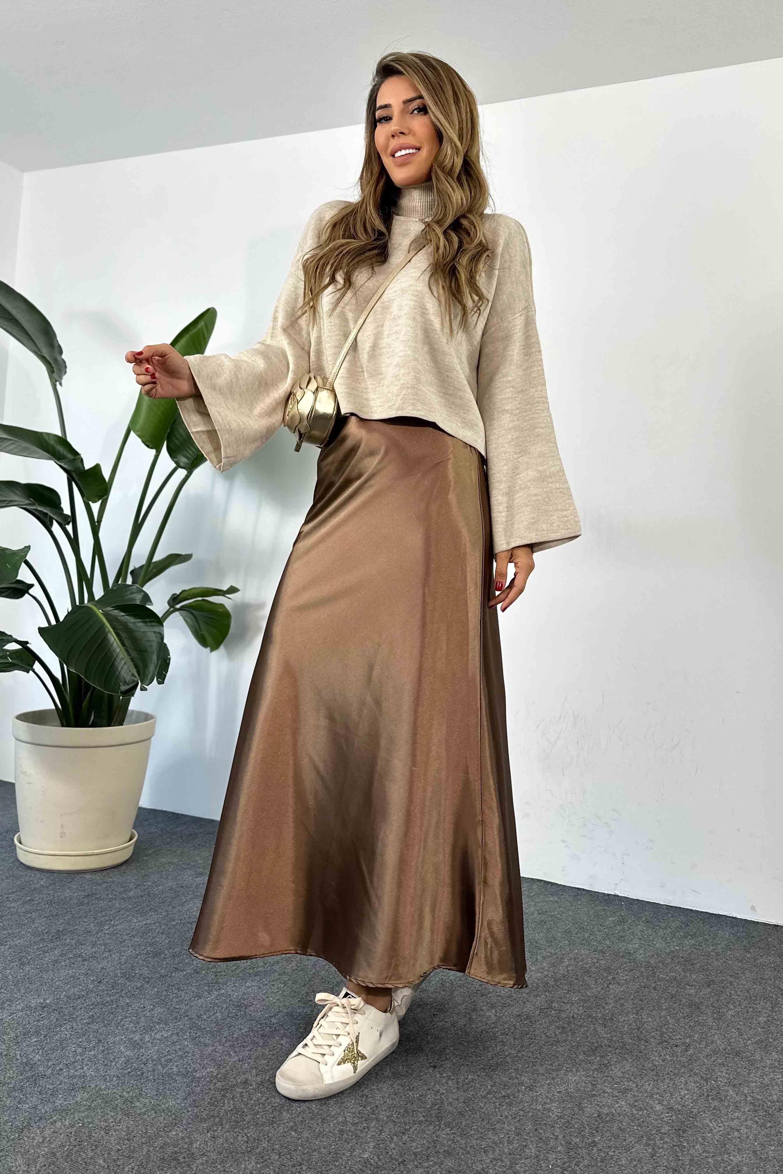 Saten Kumaş Beli Lastikli Uzun Etek Camel