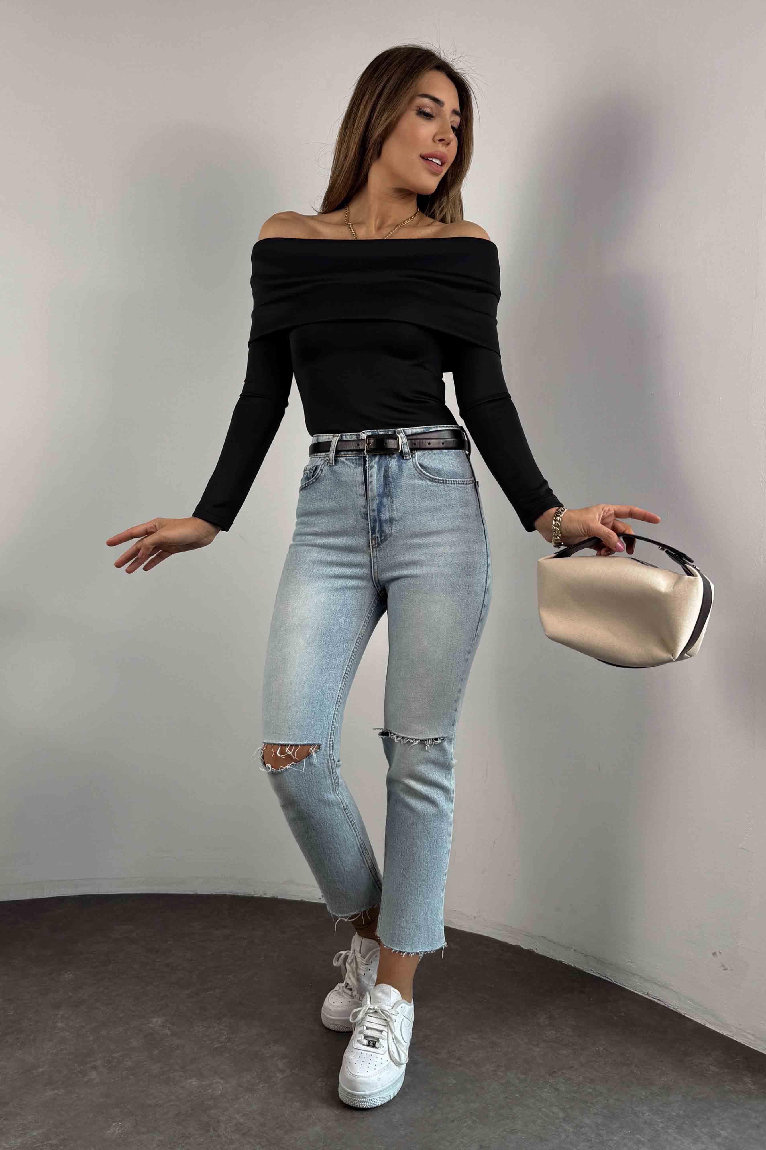 Scuba Kumaş Madonna Yaka Bodysuit Siyah