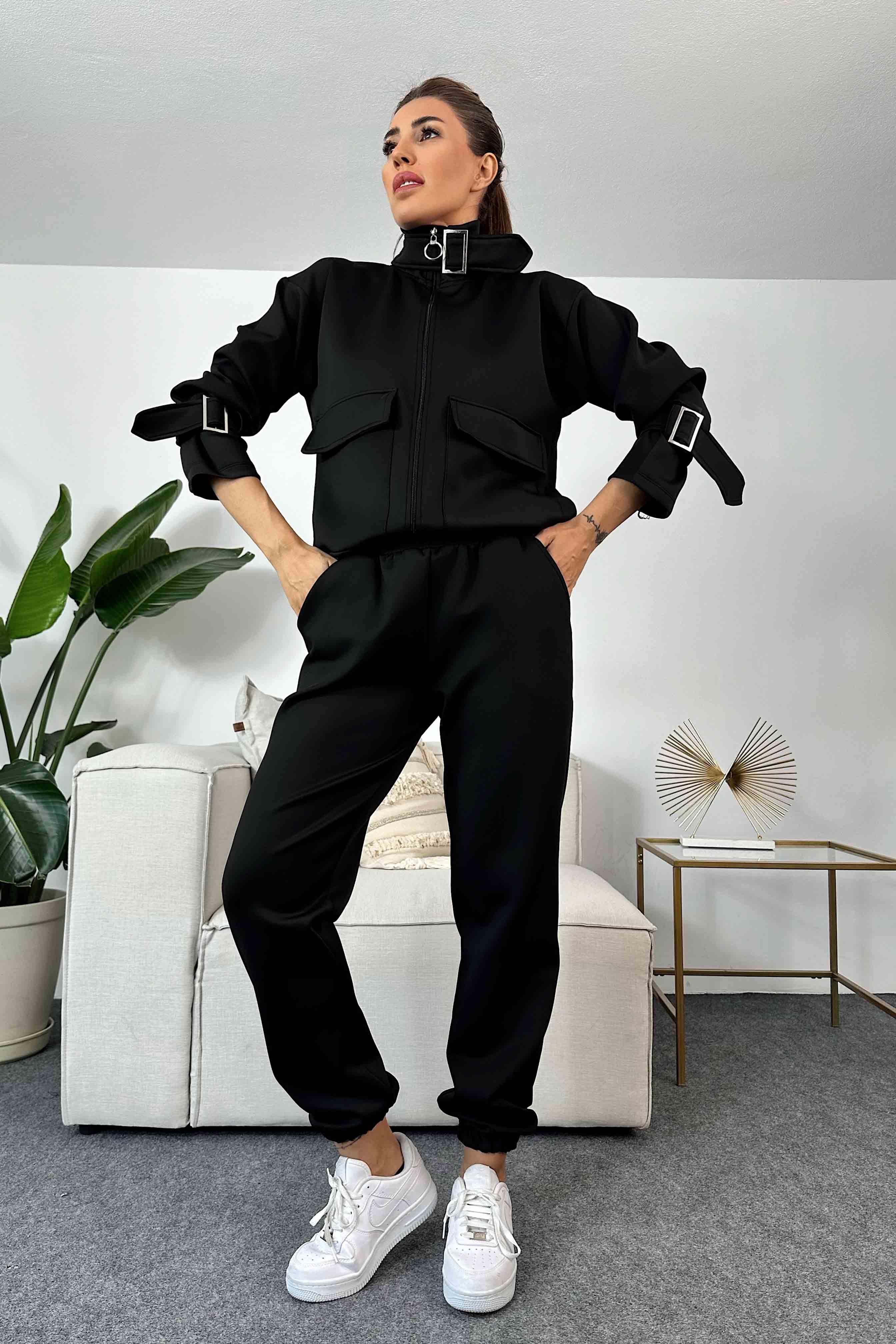 Scuba Kumaş Metal Yaka Tasarımlı Eşofman Takım Siyah