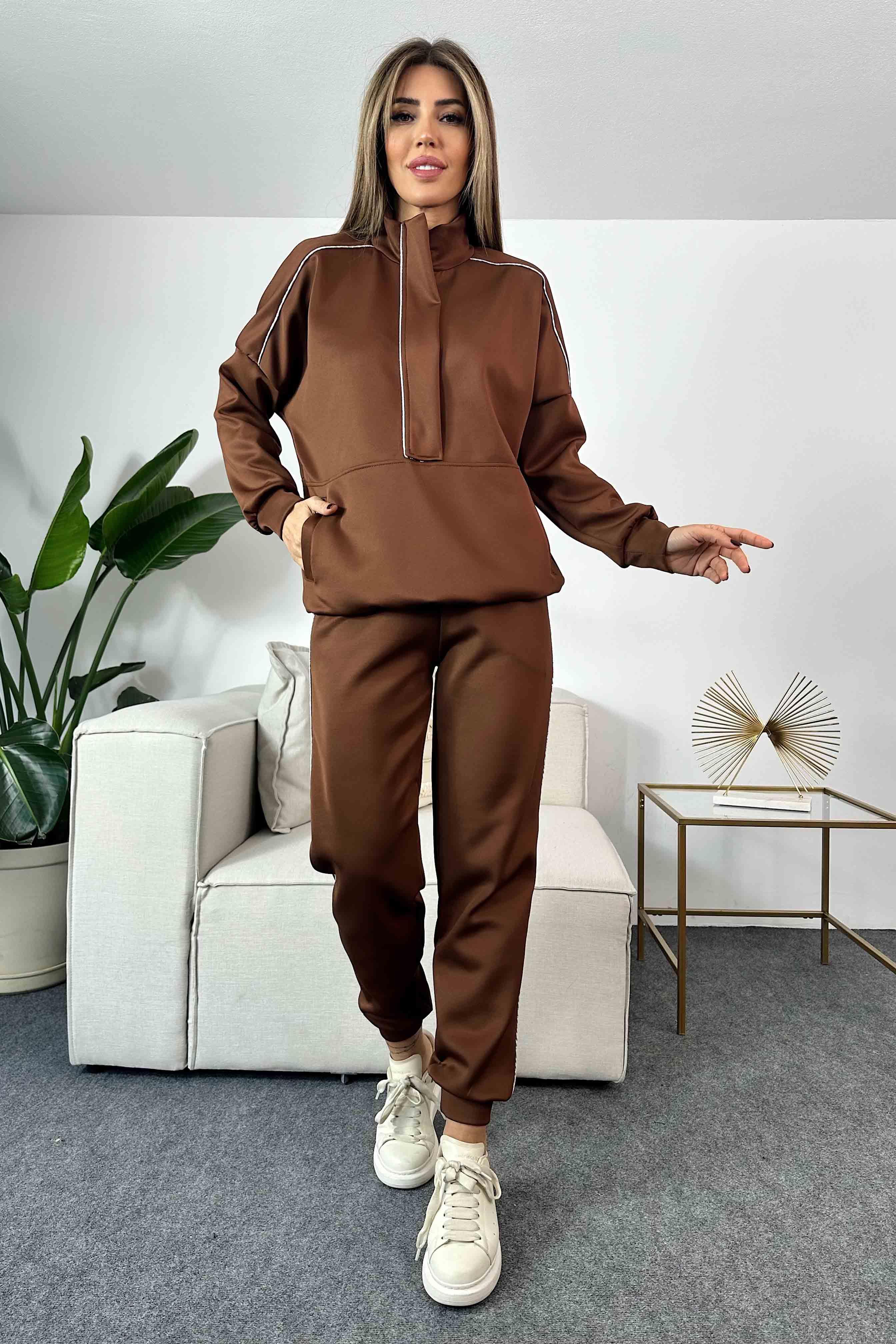 Scuba Kumaş Sim Şeritli Kadın Eşofman Takım Acı Kahve