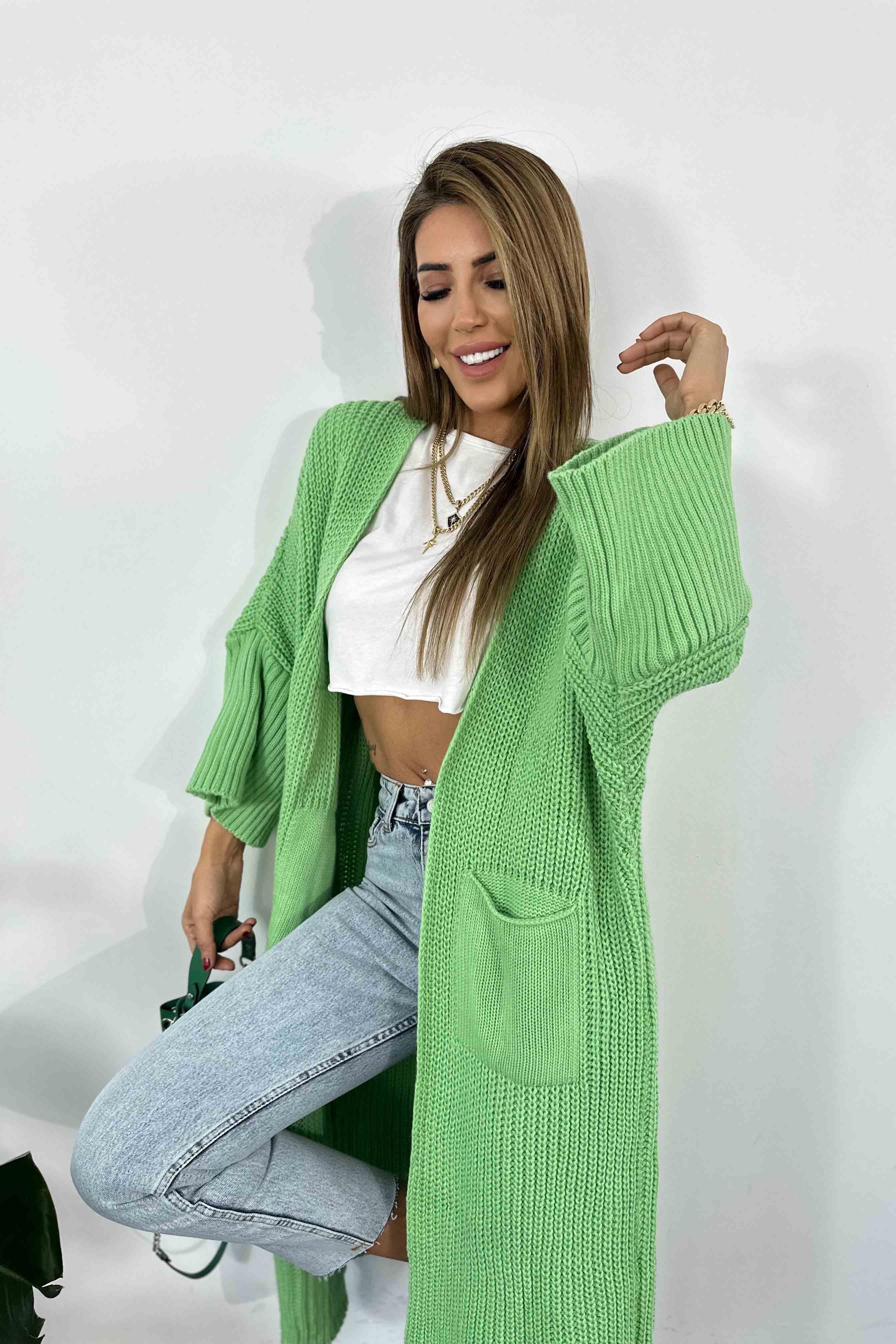 Selanik Örme Geniş Kollu Uzun Hırka Açık Yeşil