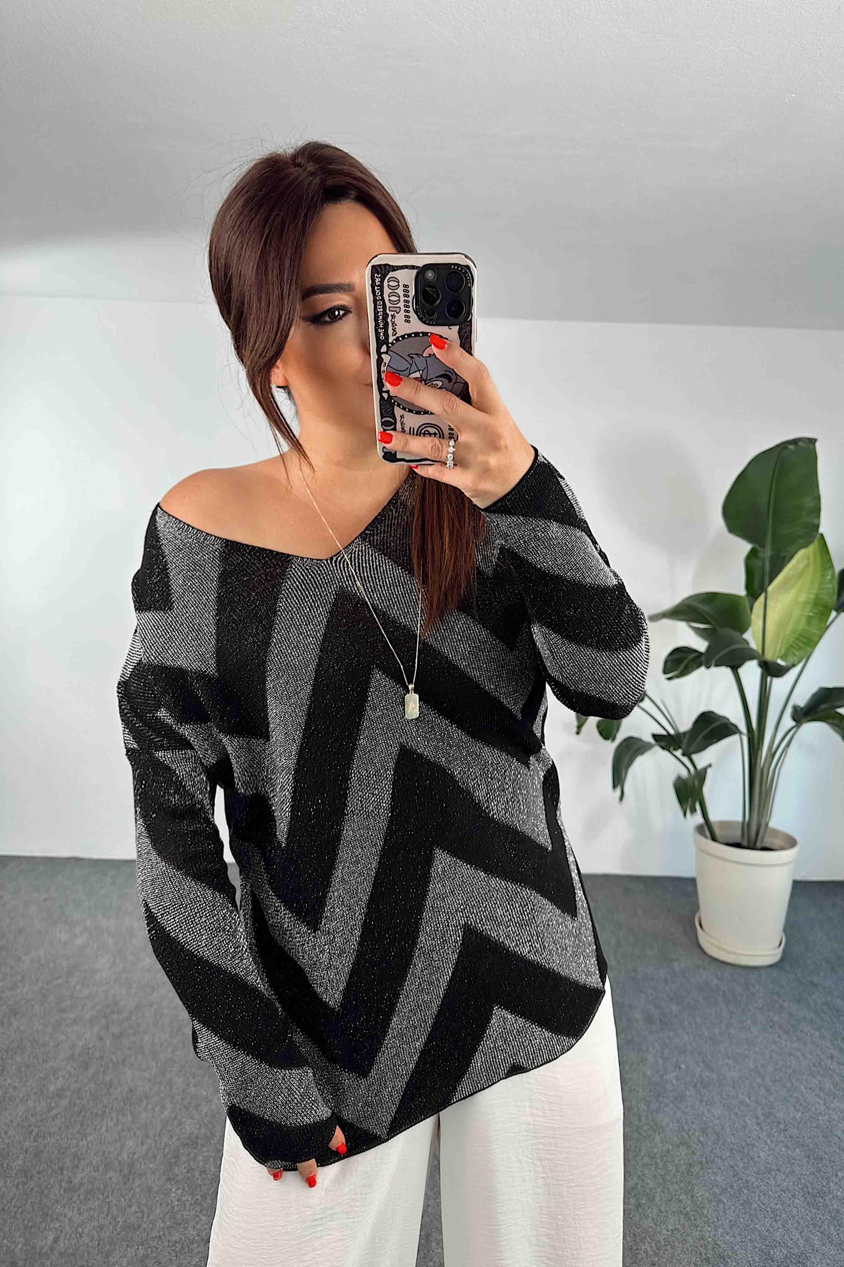 Seyrek Örgü V Yaka Zigzag Desenli Bluz Antrasit