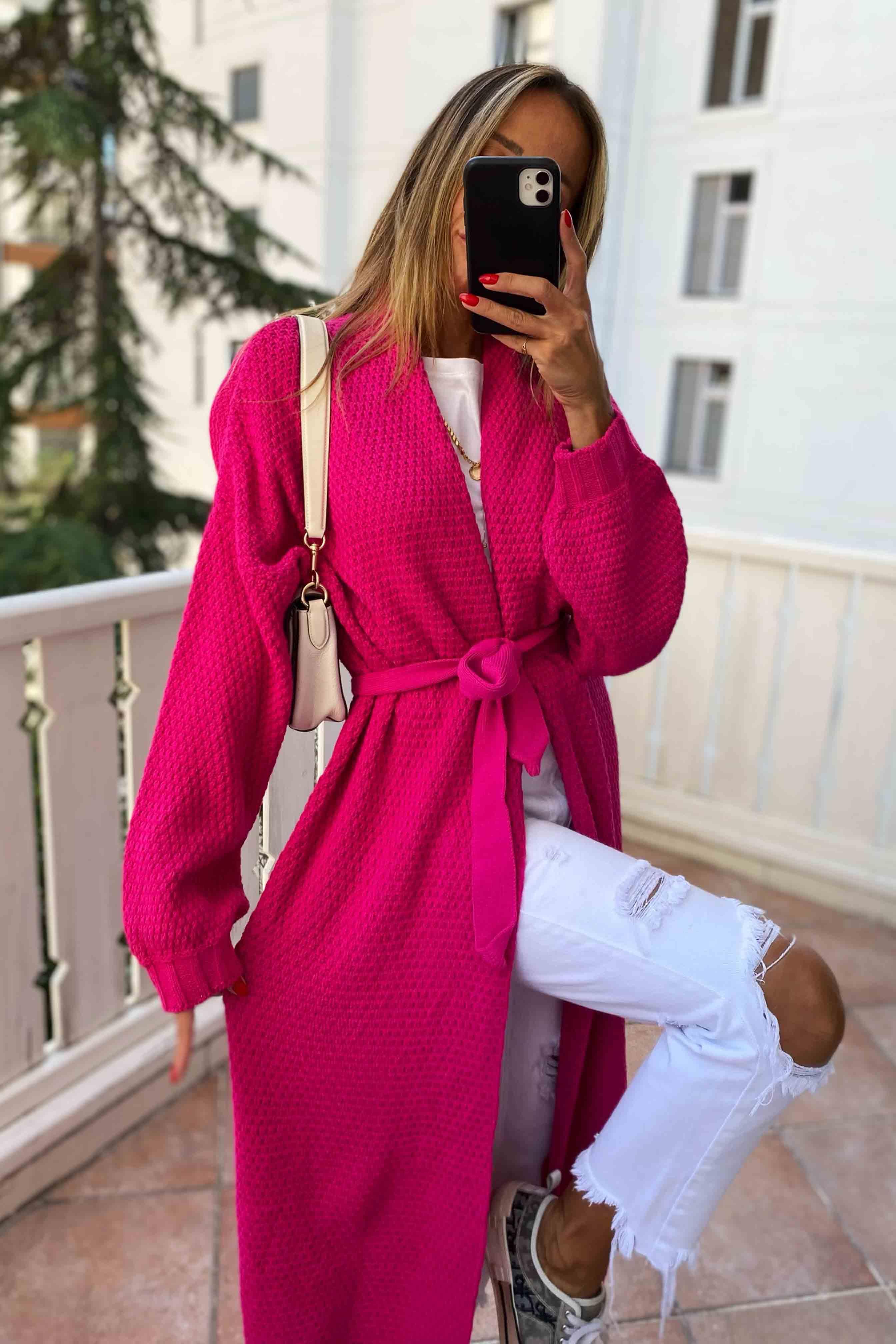 Sık Selanik Örme Uzun Hırka Fuşya