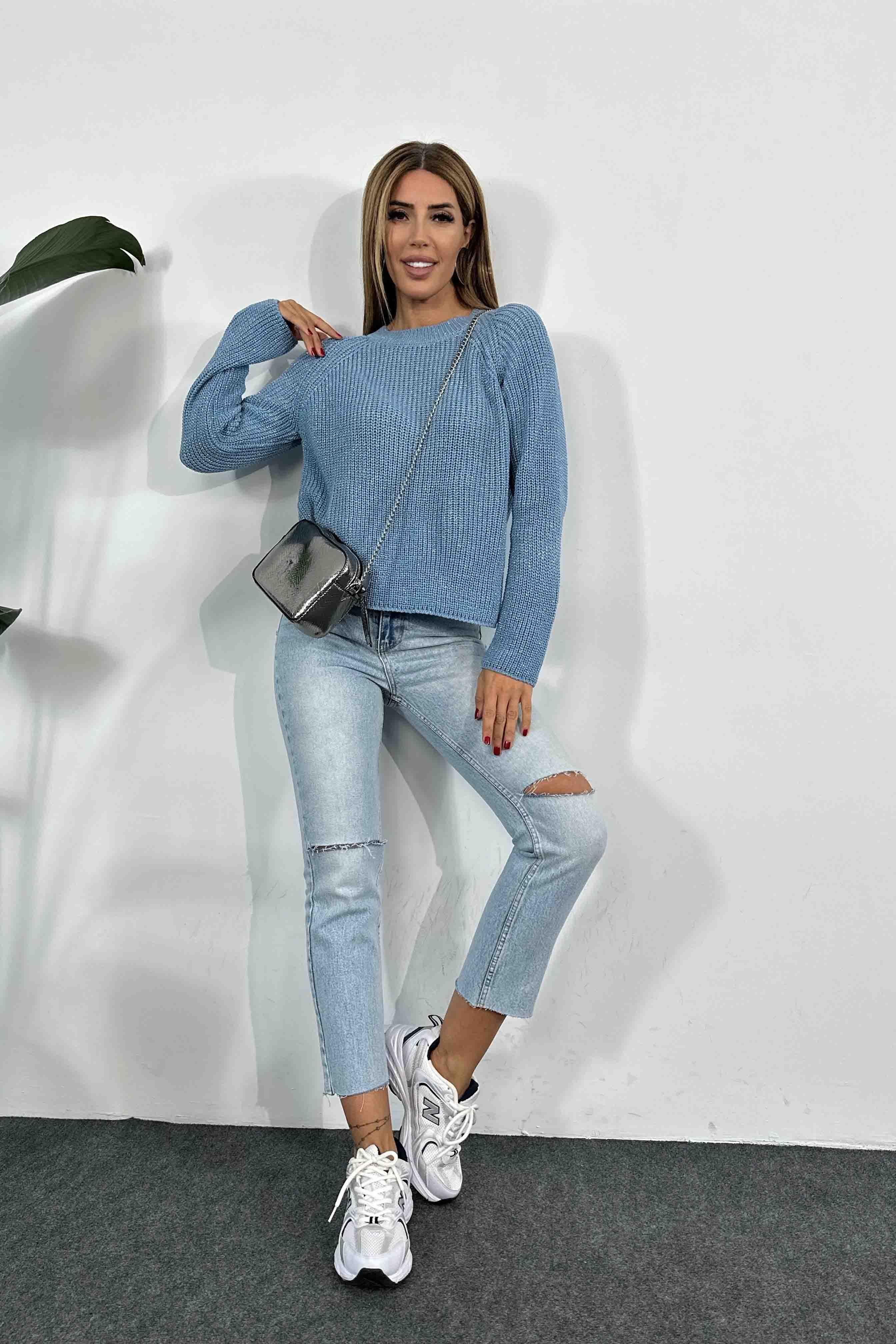 Sim Geçişli Kalın Örme Kadın Kazak İndigo Mavisi