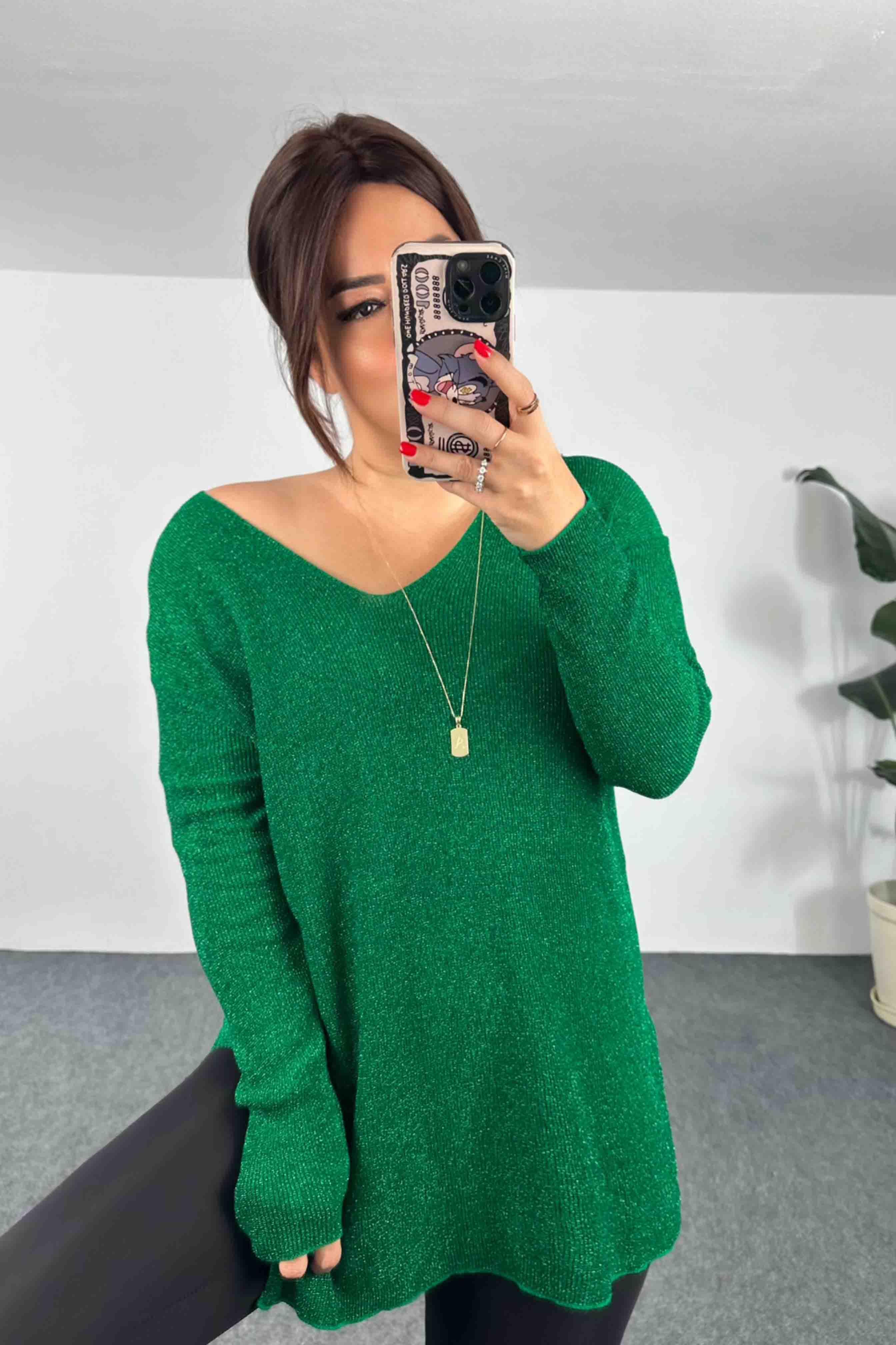 Sim İplik İnce Örme V Yaka Yırtmaçlı Bluz Yeşil