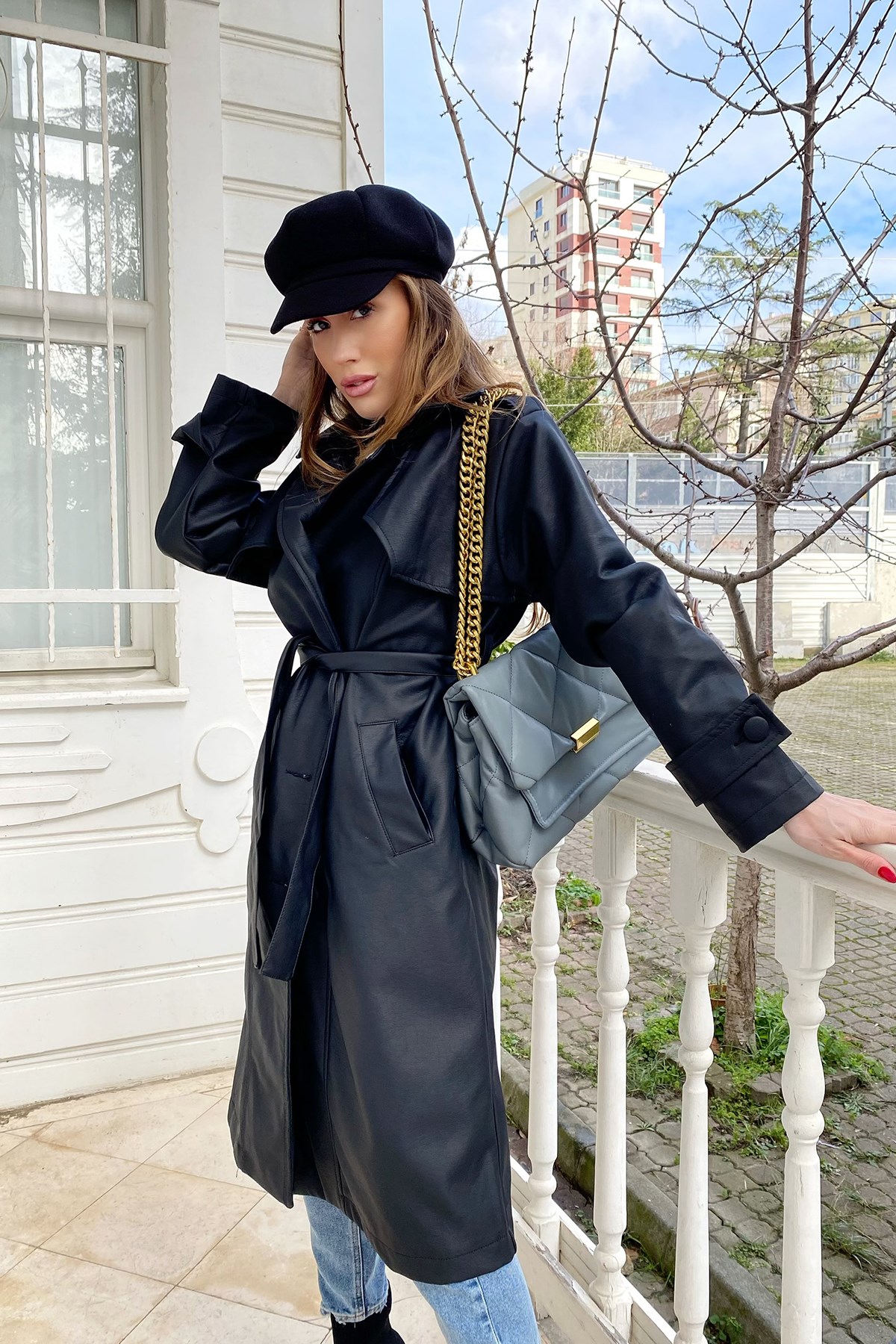 Siyah Deri Tasarım Trenchcoat · 6