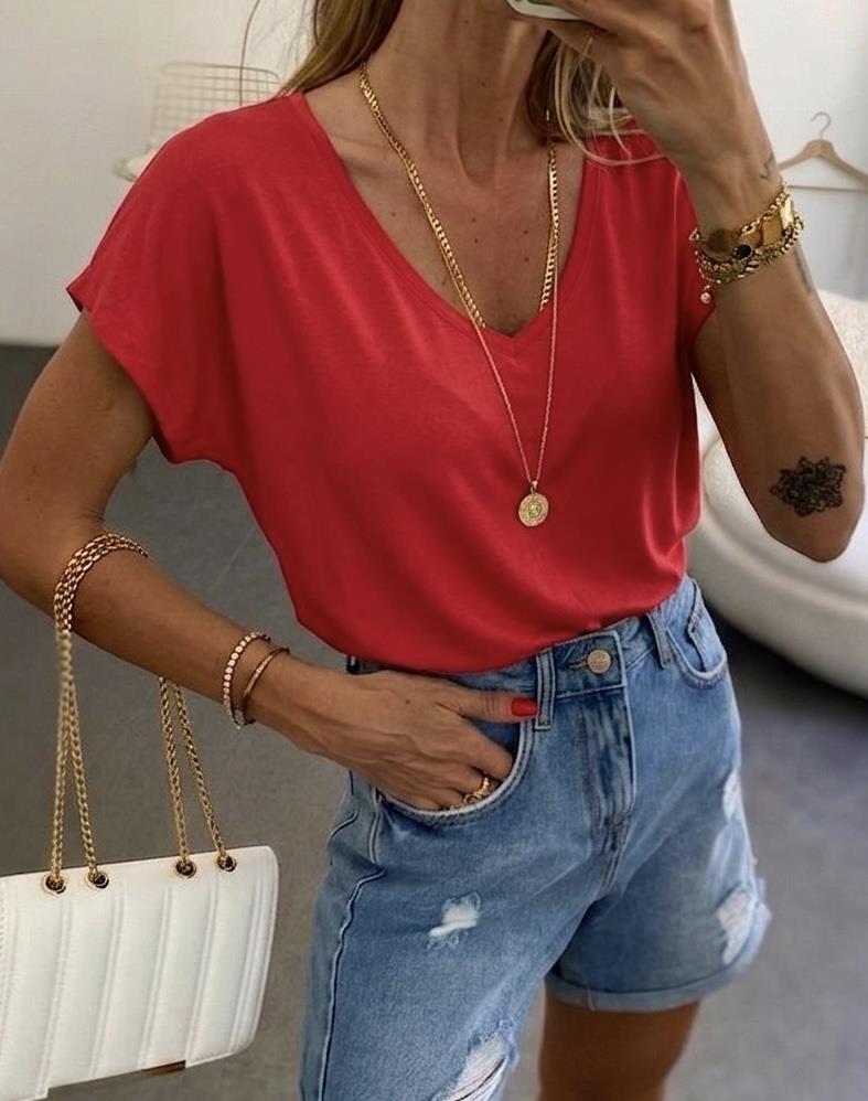 Soft Line V Yaka Basic Tişört Kırmızı