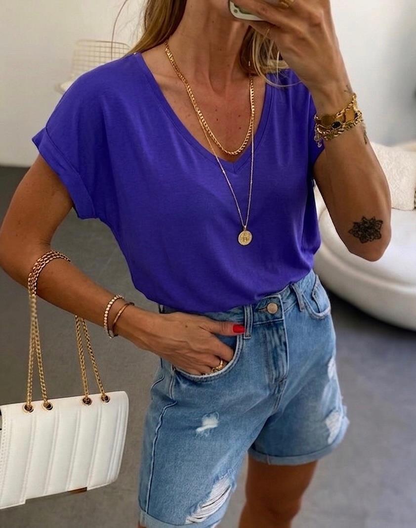 Soft Line V Yaka Basic Tişört Mor