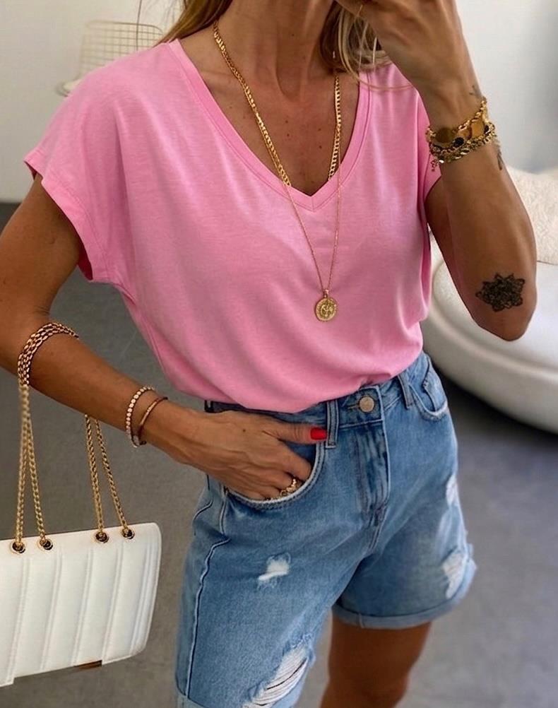 Soft Line V Yaka Basic Tişört Pembe