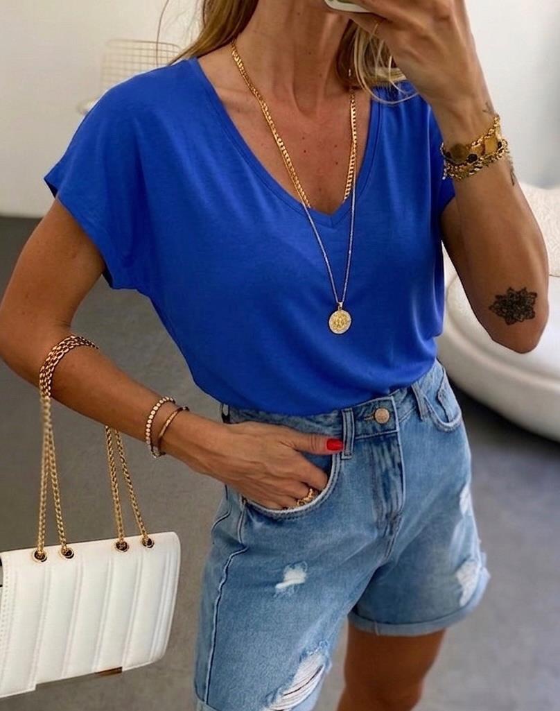Soft Line V Yaka Basic Tişört Saks Mavisi