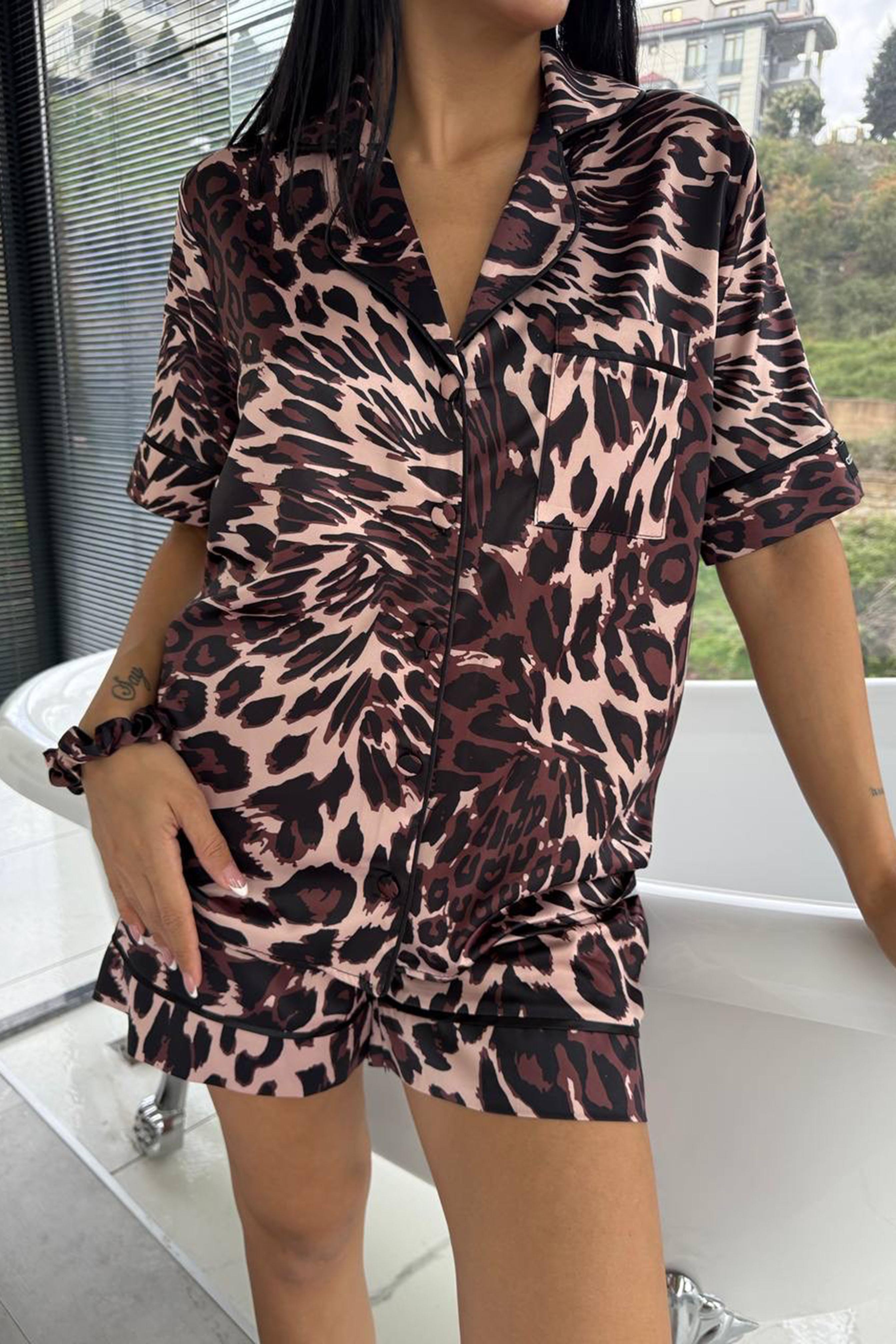 Stagione Estiva Saten Kısa Pijama Takımı Kahverengi
