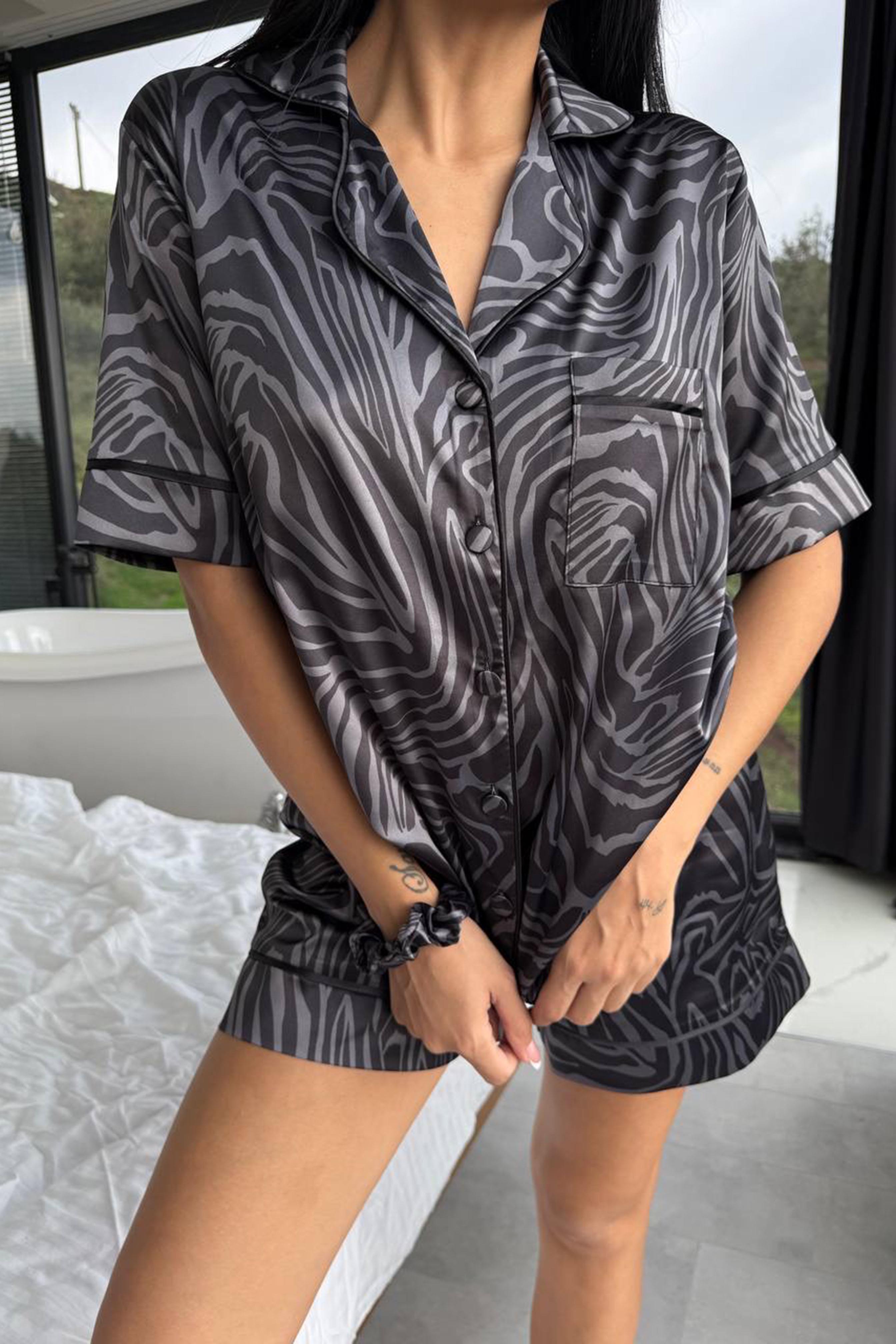 Stagione Estiva Saten Kısa Pijama Takımı Antrasit