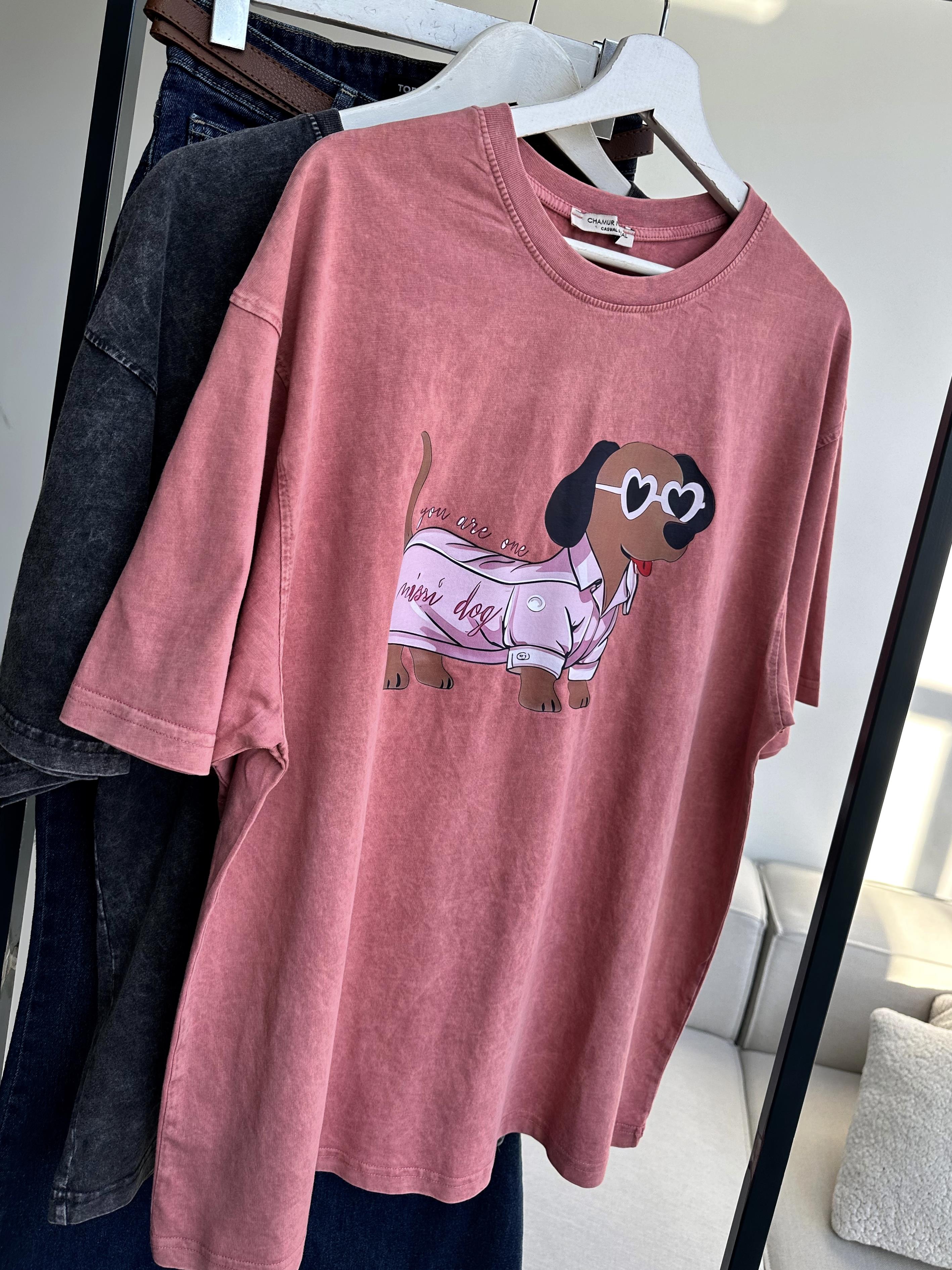 Taş Yıkamalı Mini Dog Baskılı Oversize Tişört Pudra Pembe