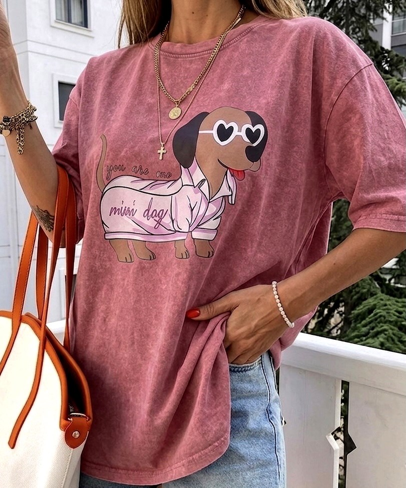 Taş Yıkamalı Mini Dog Baskılı Oversize Tişört Pudra Pembe