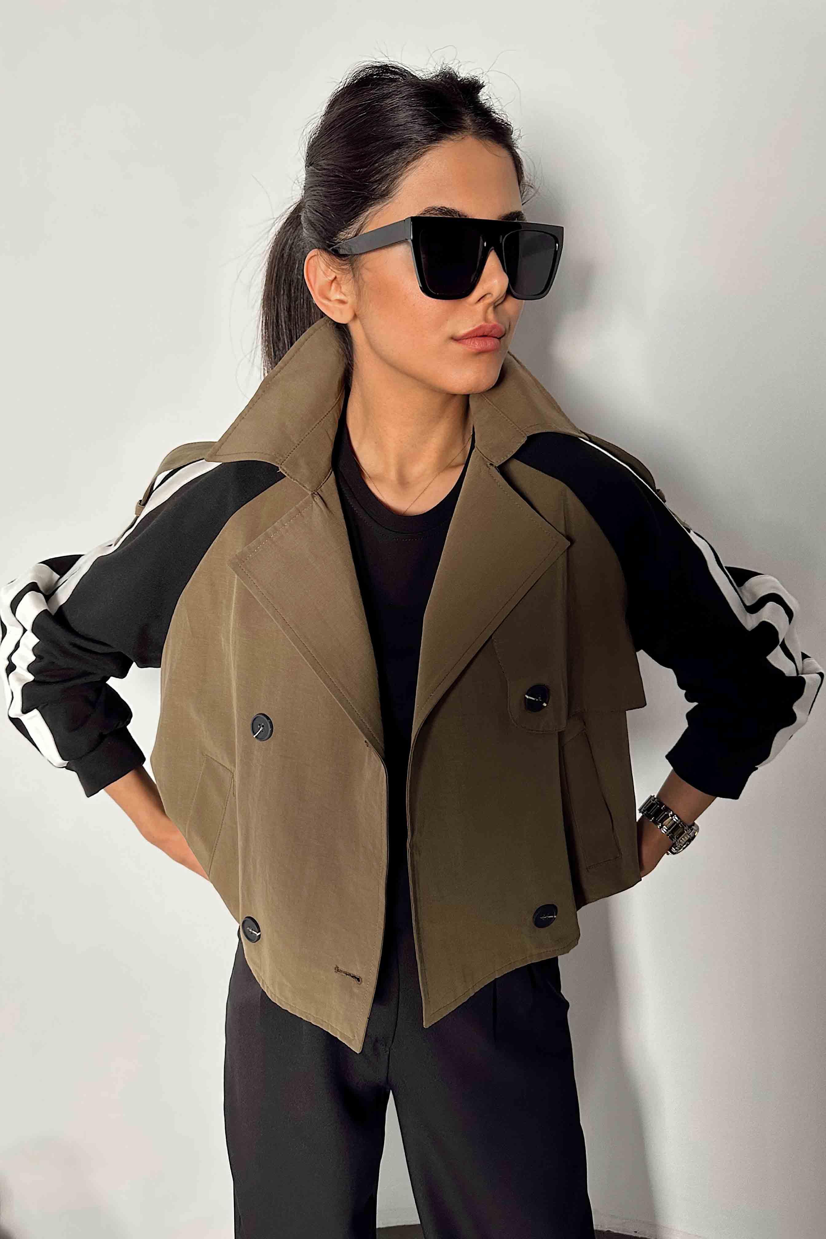 Tasarım Crop Trençkot Haki