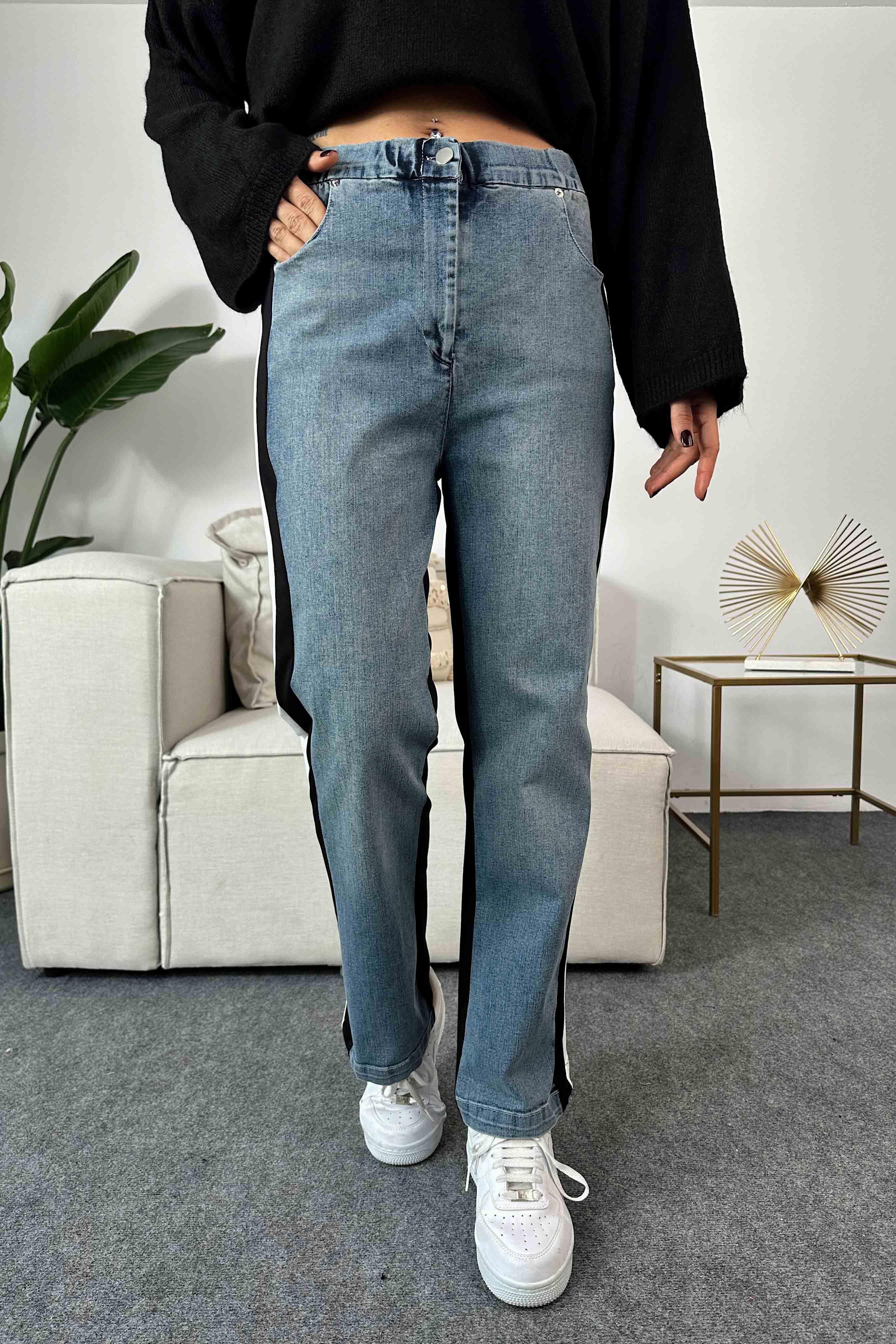 Tasarım Denim Detaylı Pantolon Siyah