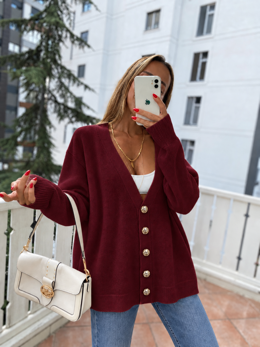 Tasarım Düğmeli Parla Triko Hırka Bordo