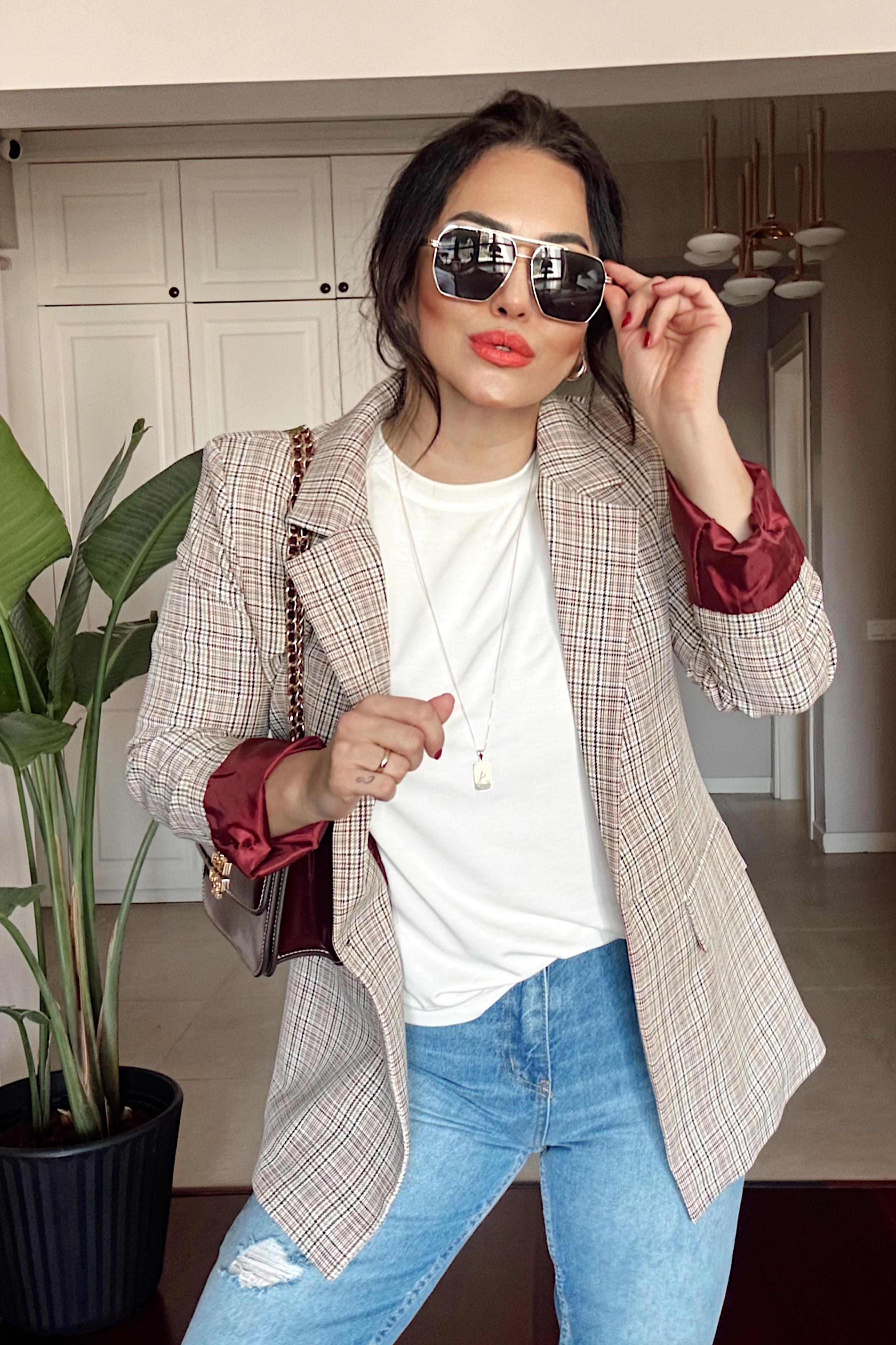 Tek Düğmeli Cep Detay Ekose Ceket Bordo