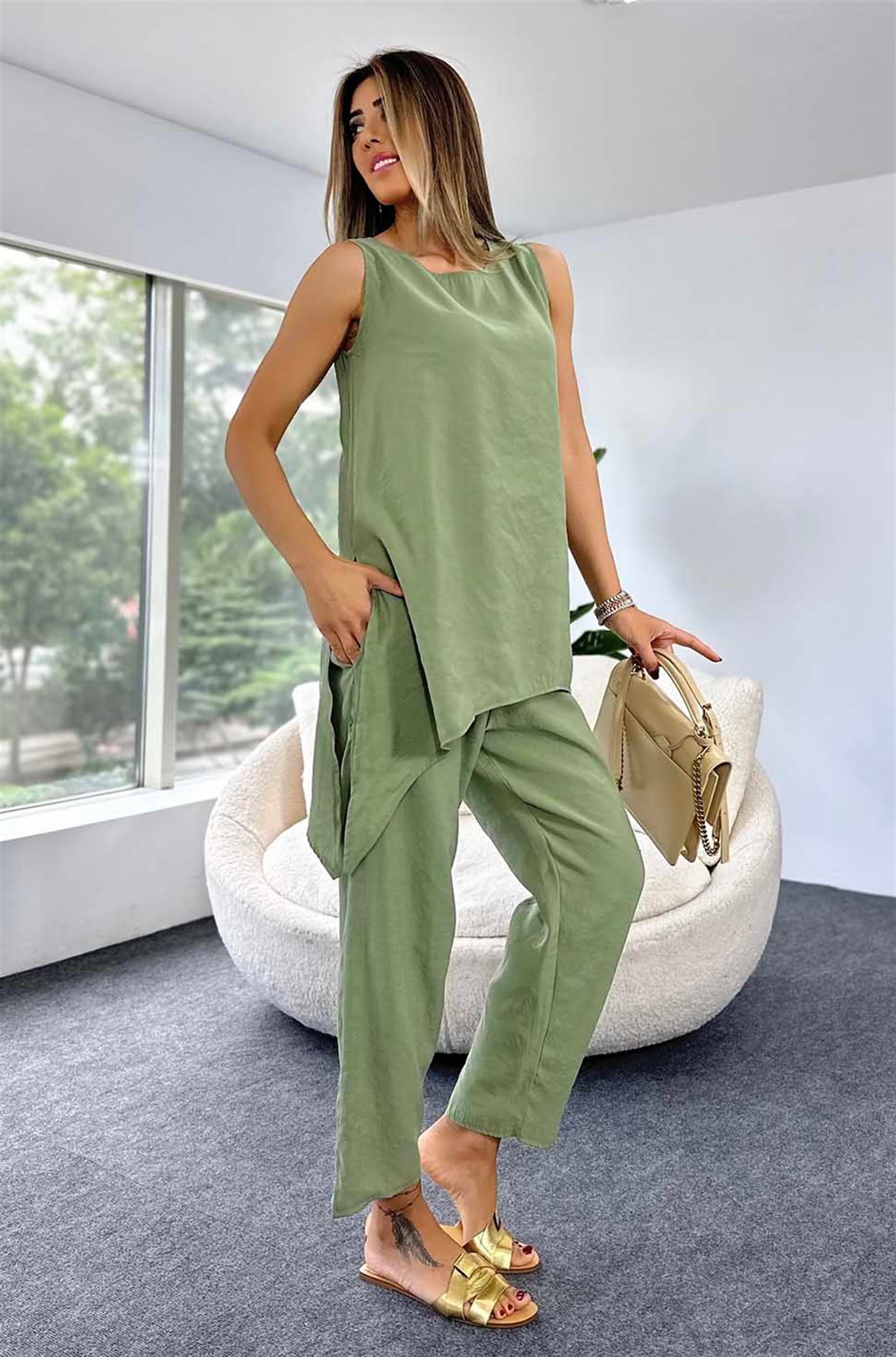 Tensel Kumaş Geniş Yaka Bluz Beli Lastikli Pantolon İkili Kadın Takım Haki