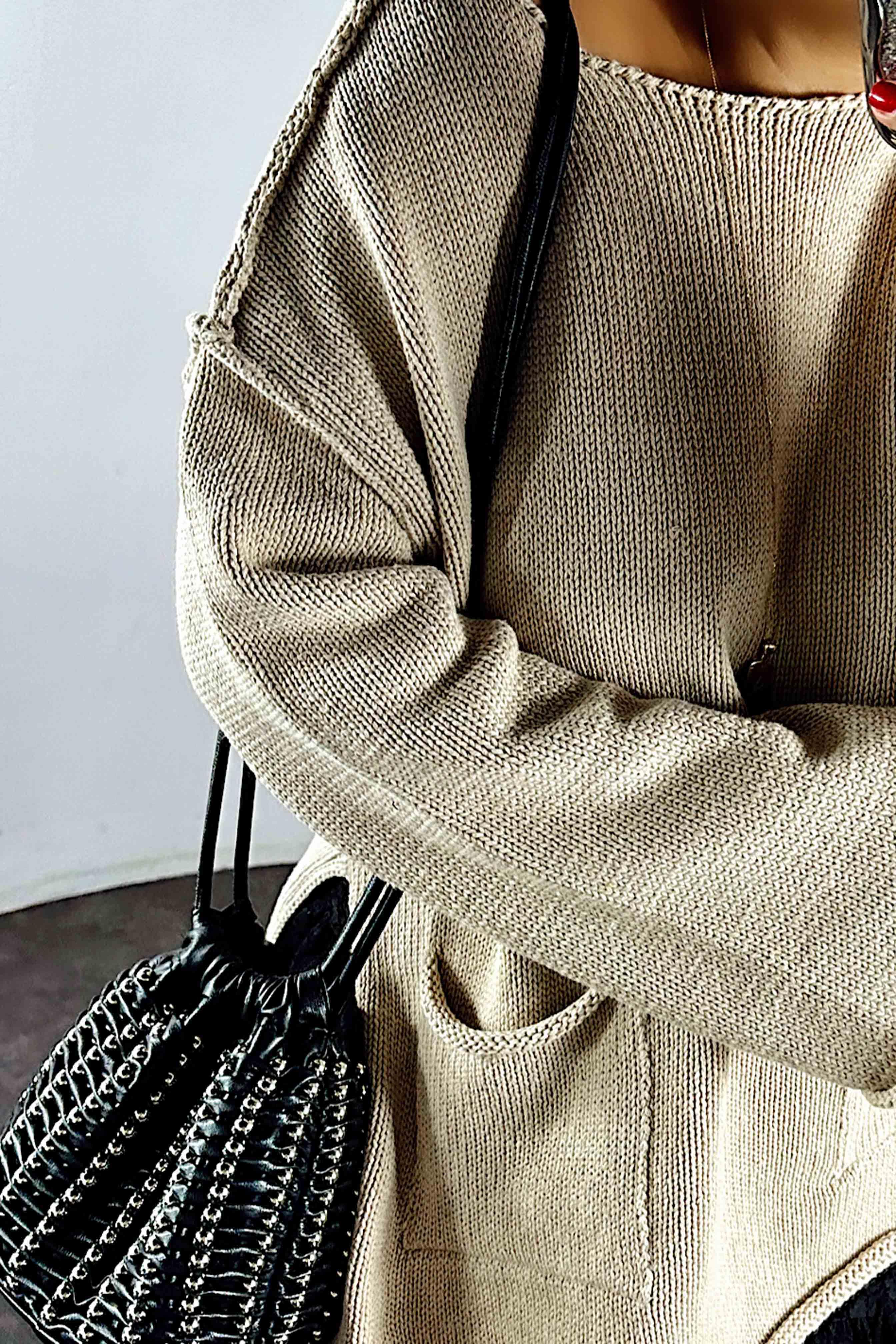 Ters Dikiş Detaylı Triko Kadın Kazak Taş