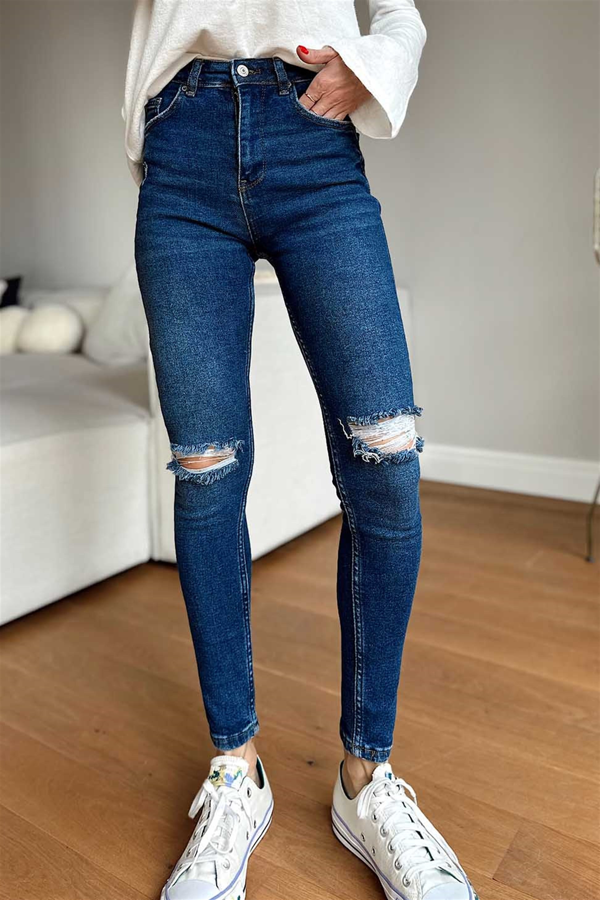 Top Secret Dizleri Yırtık Skinny Likralı Kadın Jean Koyu Mavi