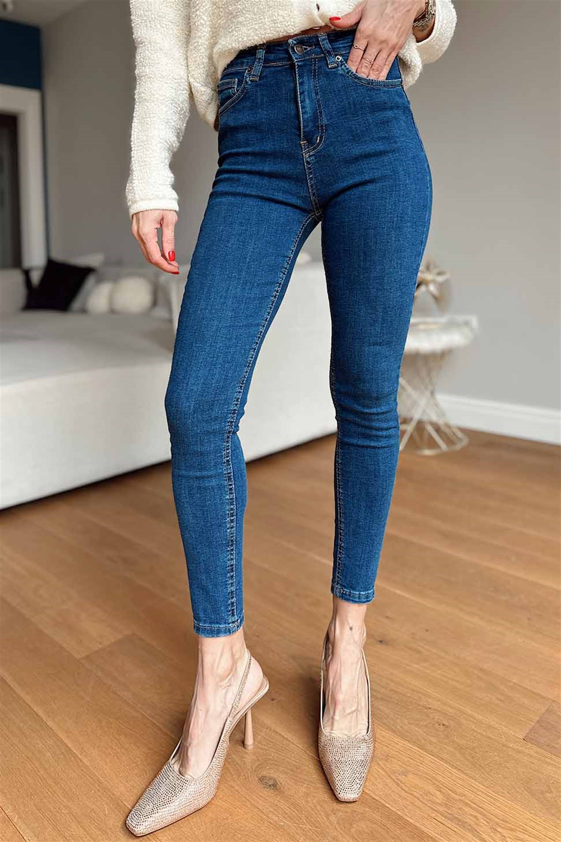 Topshop Ultra Yüksek Bel Dar Likralı Kadın Jean Pantolon Koyu Mavi · 7