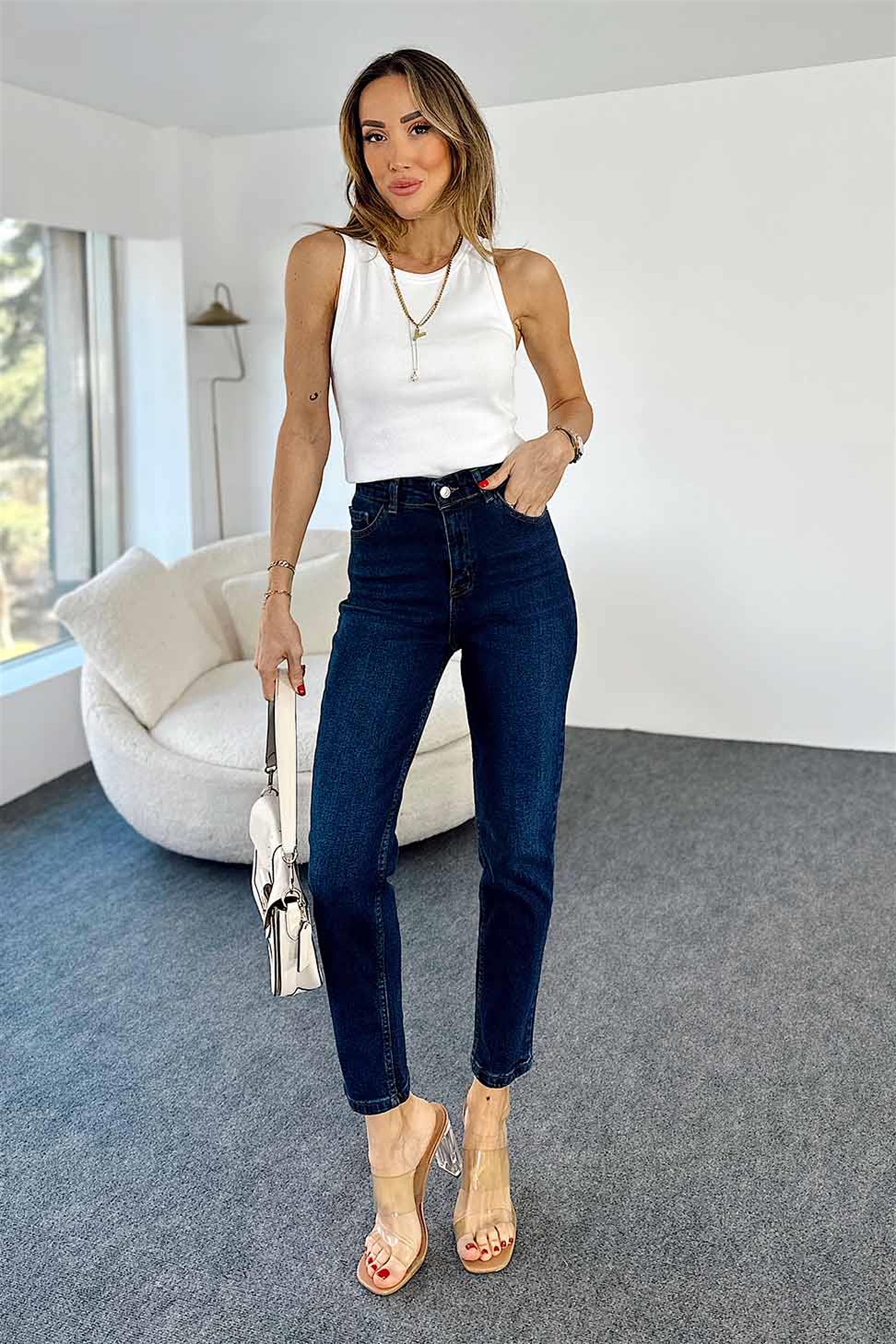 TOPSHOP Ultra Yüksek Bel İşlemli Kadın Mom Jean Pantolon Koyu Mavi