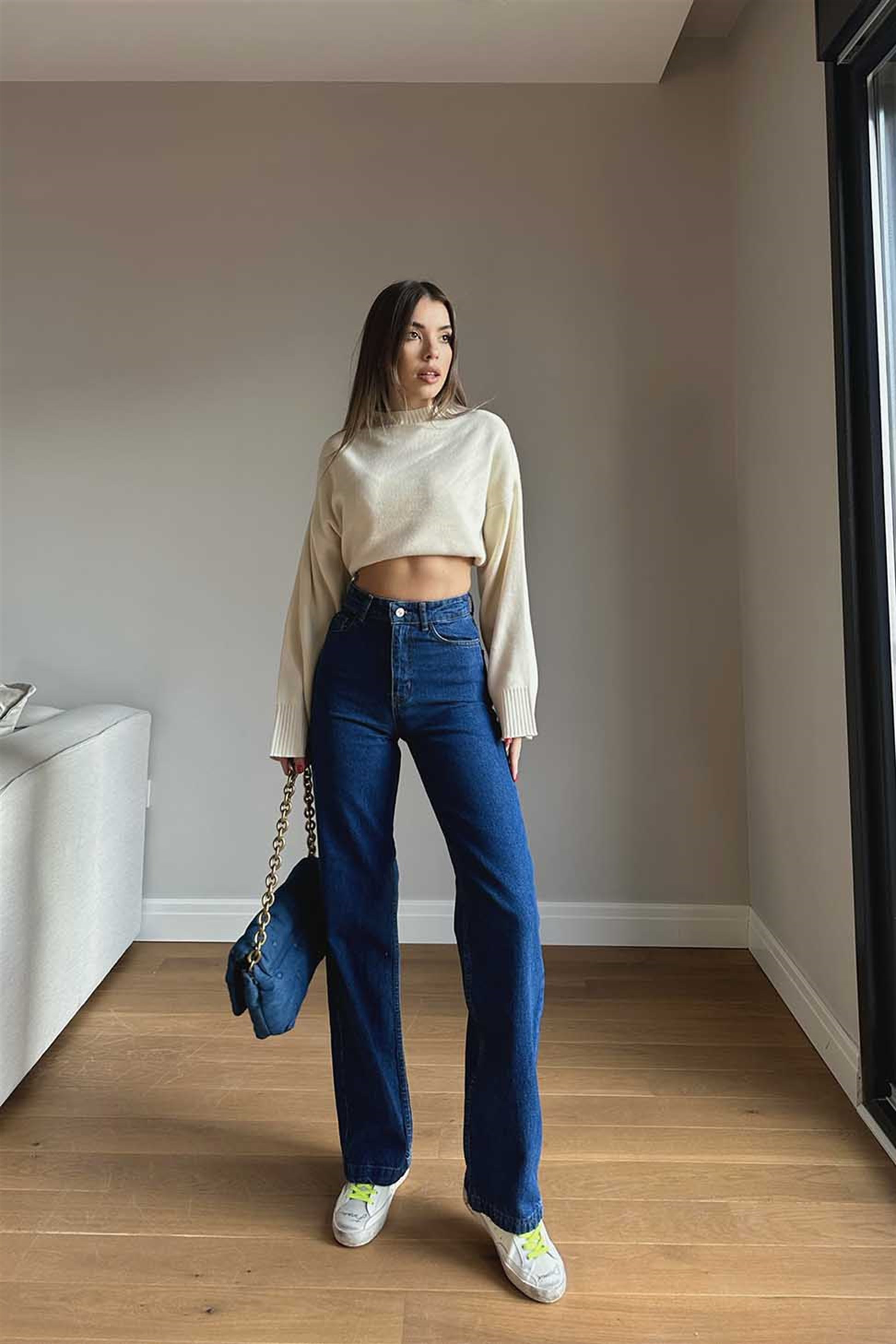 Topshop Yüksek Bel Bol Paça Pantolon Koyu Mavi