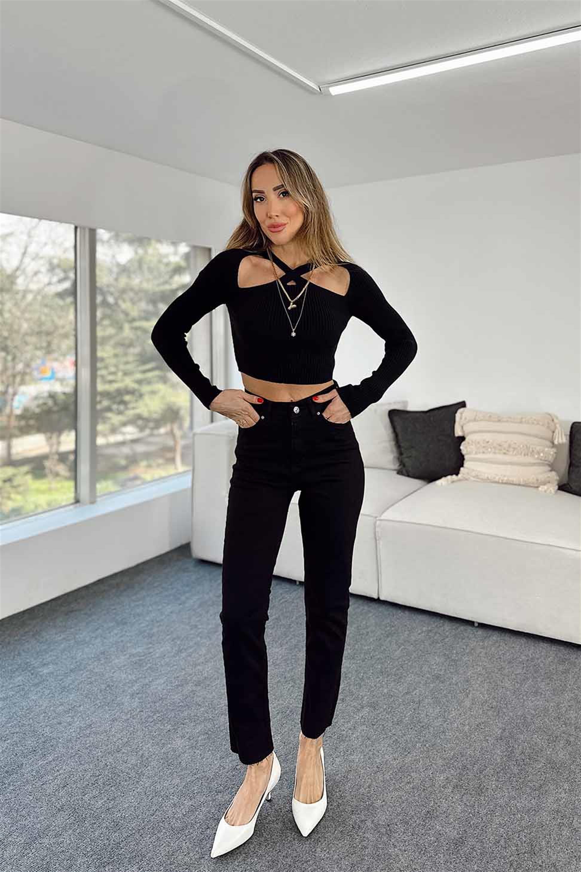 Topshop Yüksek Bel Boyfriend Likralı Pantolon Siyah