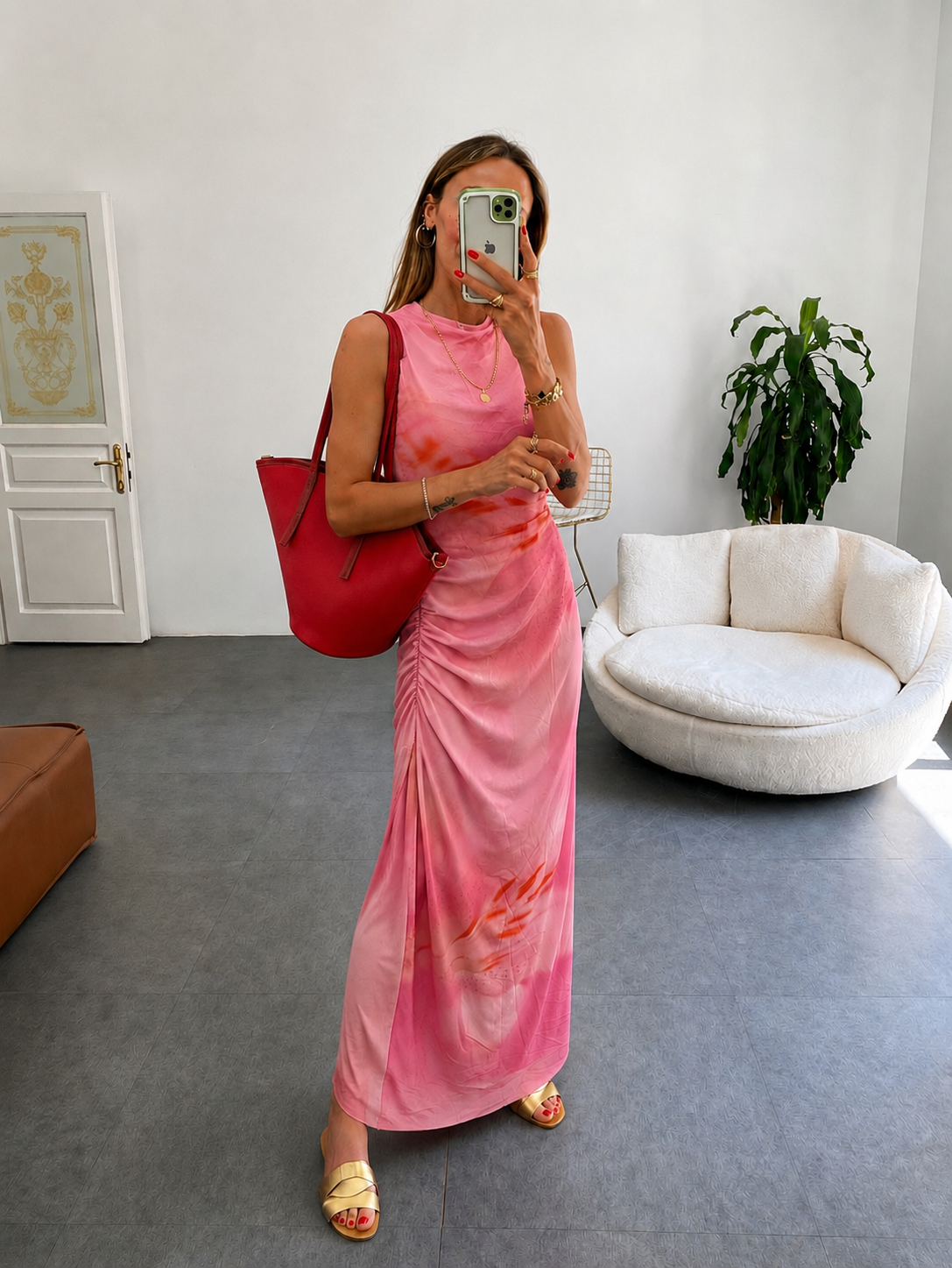 Tül detaylı maxi rose elbise somon