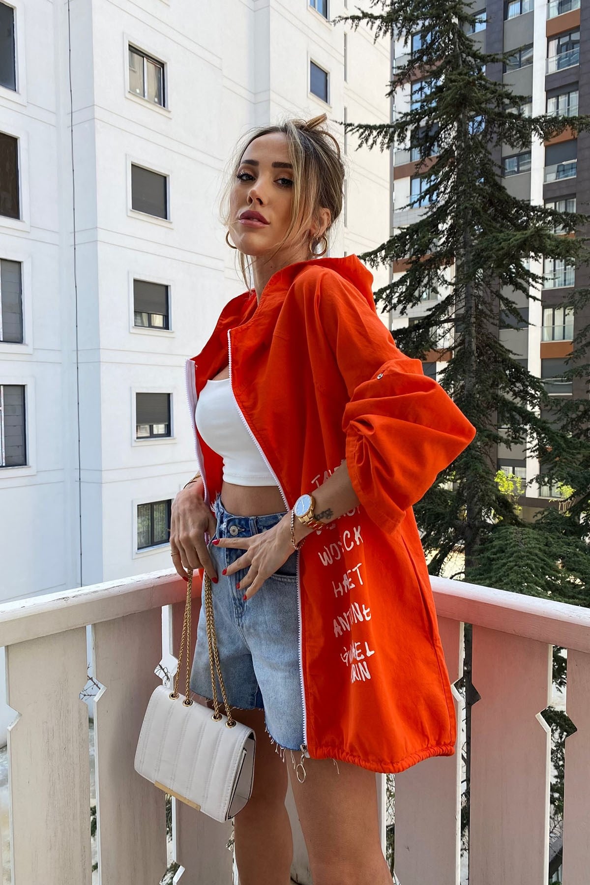 Turuncu Naturel Beautiful Day Yazı Figürlü Oversize Ceket