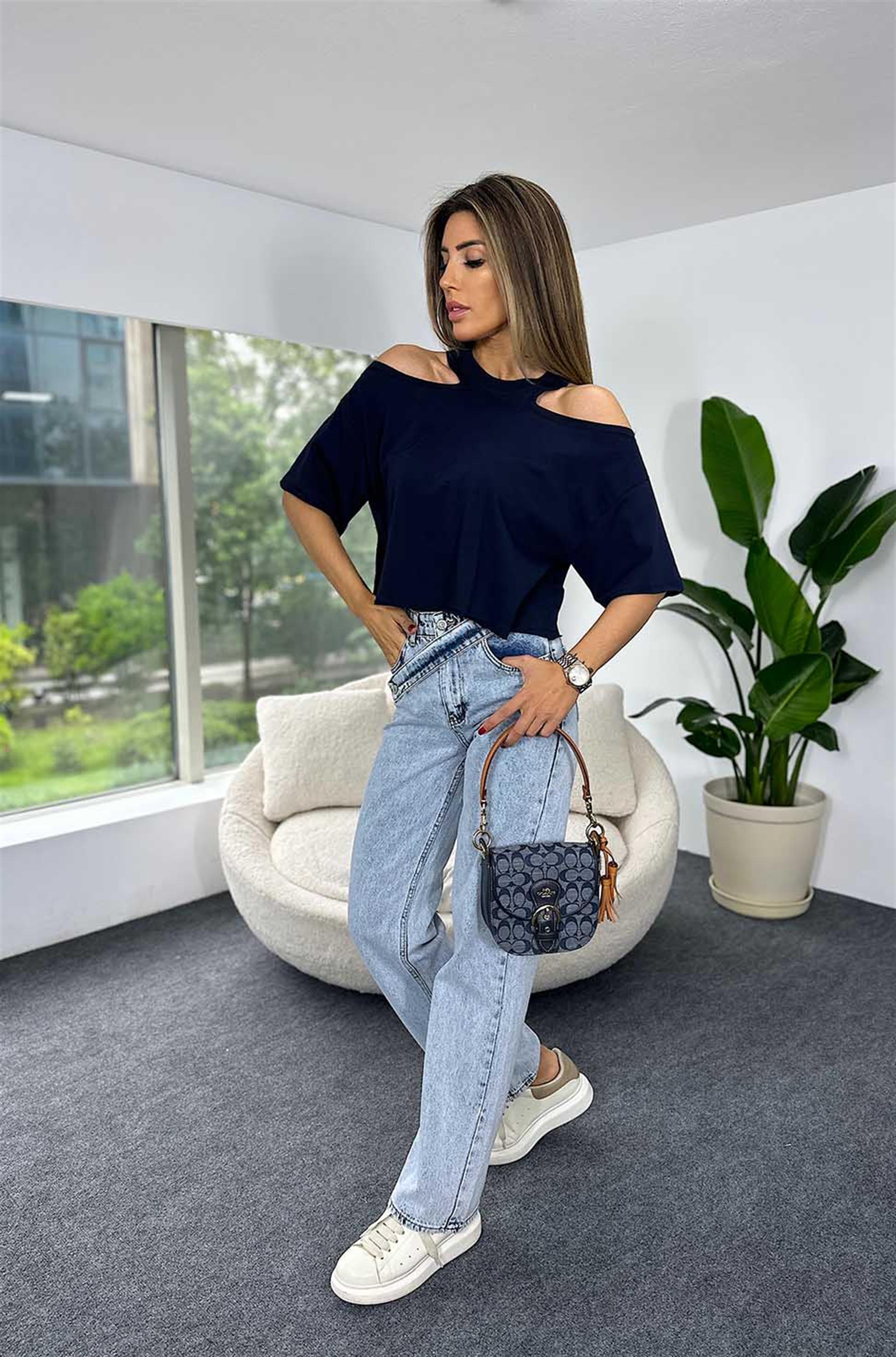 Ultra Lüx Kalite Omuz Dekolteli Kısa Oversize Tişört Lacivert · 6